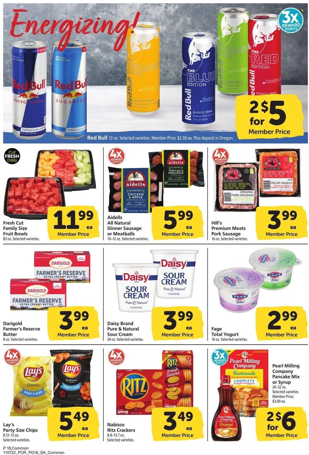 thumbnail - Safeway Flyer - 11/07/2022 - 12/04/2022 - Sales products - pineapple, meatballs, pancakes, sausage, pork sausage, italian sausage, yoghurt, buttermilk, sour cream, crackers, RITZ, chips, Lay’s, energy drink, Red Bull, Hill's. Page 16.