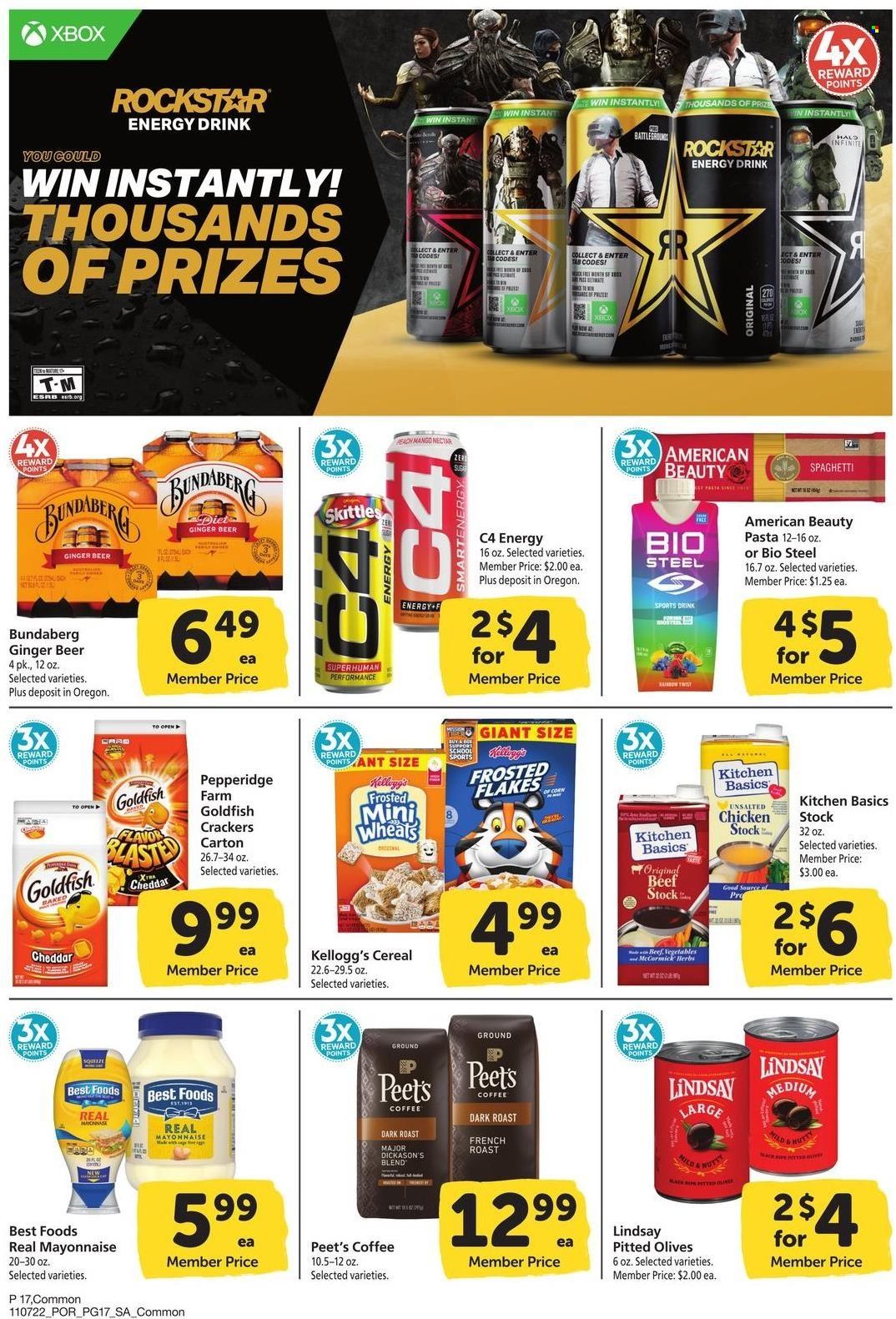 thumbnail - Safeway Flyer - 11/07/2022 - 12/04/2022 - Sales products - crab, spaghetti, pasta, cheese, mayonnaise, crackers, Kellogg's, Skittles, Goldfish, olives, cereals, Frosted Flakes, herbs, energy drink, Bundaberg, coffee, beer, ginger beer. Page 17.