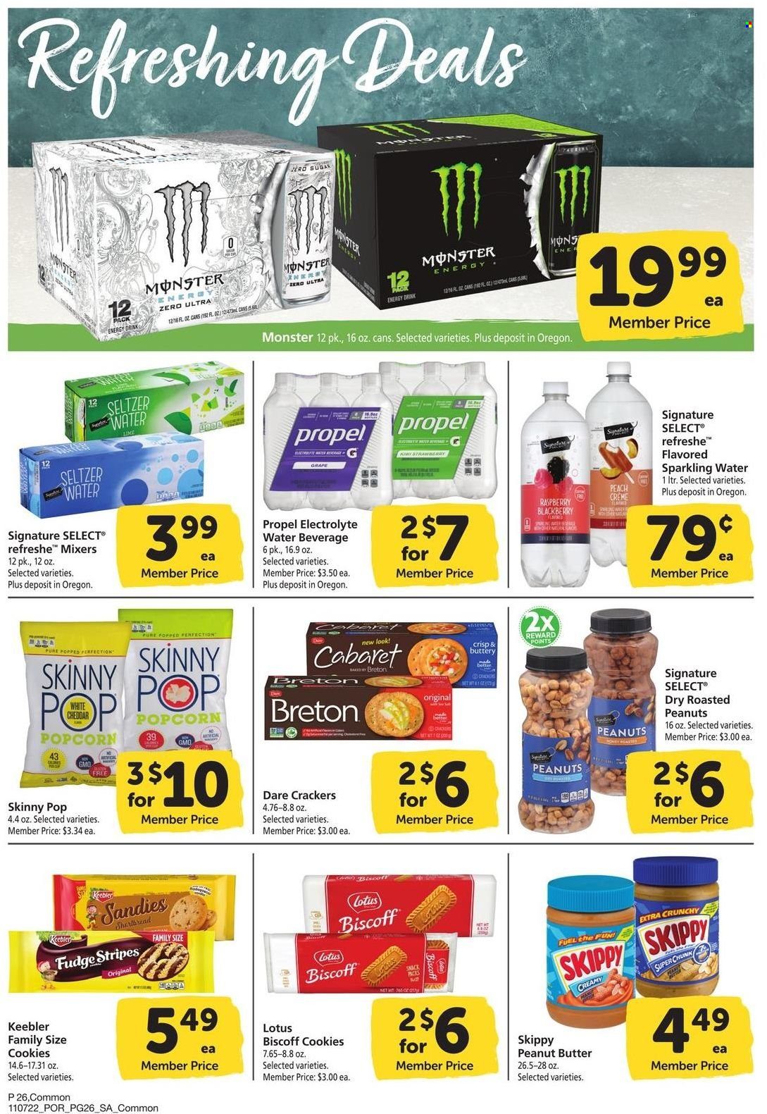 thumbnail - Safeway Flyer - 11/07/2022 - 12/04/2022 - Sales products - kiwi, cheddar, cheese, cookies, fudge, crackers, Keebler, popcorn, Skinny Pop, peanut butter, roasted peanuts, peanuts, energy drink, Monster, Monster Energy, seltzer water, sparkling water, Signal. Page 26.