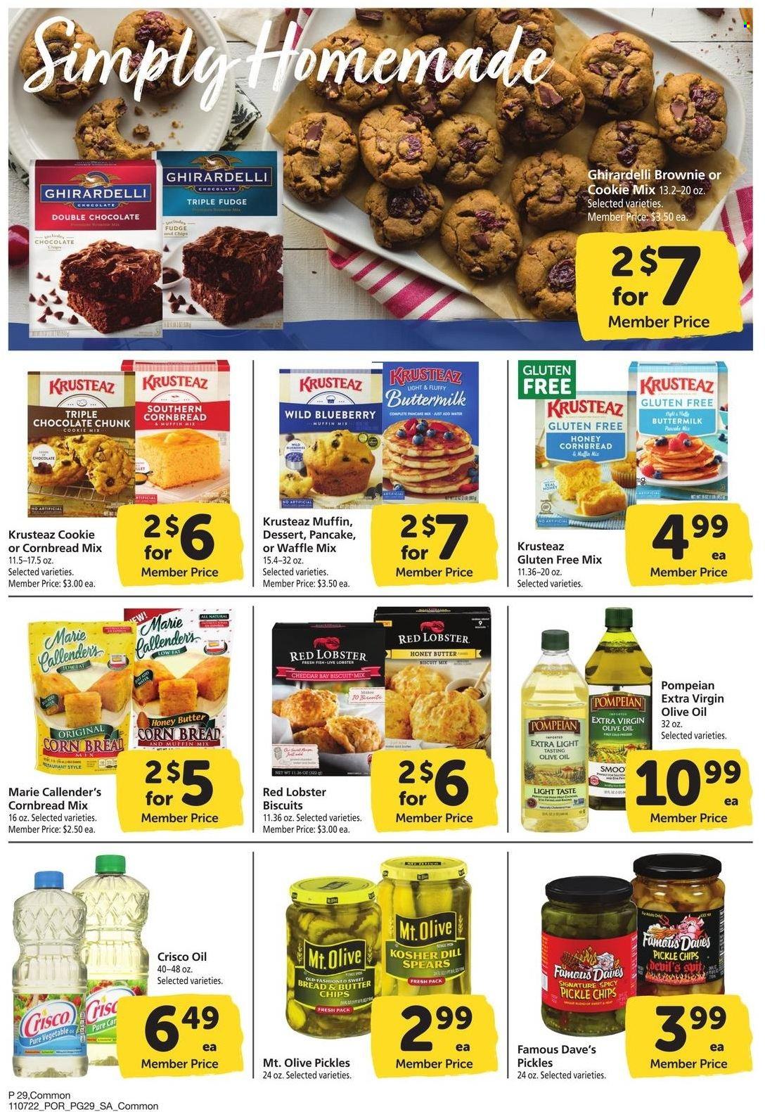 thumbnail - Safeway Flyer - 11/07/2022 - 12/04/2022 - Sales products - corn bread, brownies, sweet bread, lobster, fish, pancakes, Marie Callender's, cheese, buttermilk, fudge, chocolate, biscuit, Ghirardelli, chips, Crisco, pickles, dill, extra virgin olive oil, olive oil, oil, honey. Page 29.