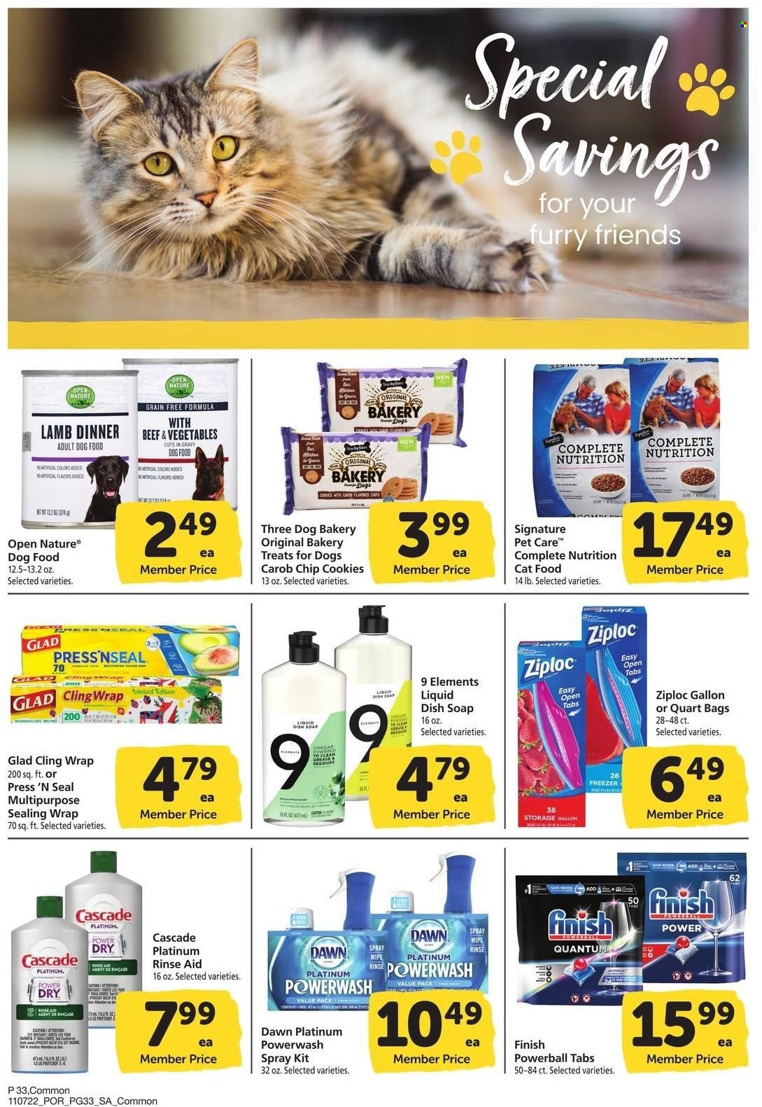 thumbnail - Safeway Flyer - 11/07/2022 - 12/04/2022 - Sales products - cookies, Cascade, Finish Powerball, soap, bag, Ziploc, animal food, cat food, dog food. Page 33.
