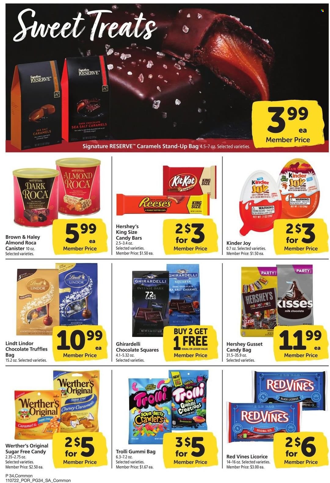thumbnail - Safeway Flyer - 11/07/2022 - 12/04/2022 - Sales products - Reese's, Hershey's, milk chocolate, chocolate, Trolli, Lindt, Lindor, Kinder Joy, truffles, KitKat, dark chocolate, peanut butter cups, Ghirardelli, Brite, bag, canister. Page 34.
