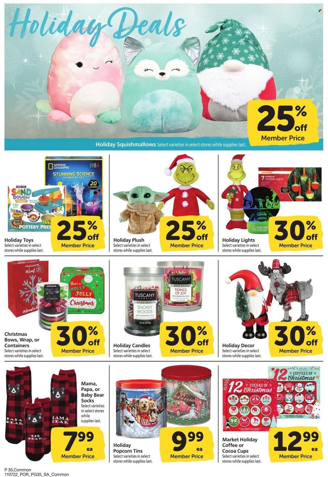thumbnail - Safeway Flyer - 11/07/2022 - 12/04/2022 - Sales products - popcorn, coffee, Joy, cup, candle, essential oils, Sylvania, toys, Squishmallows. Page 35.