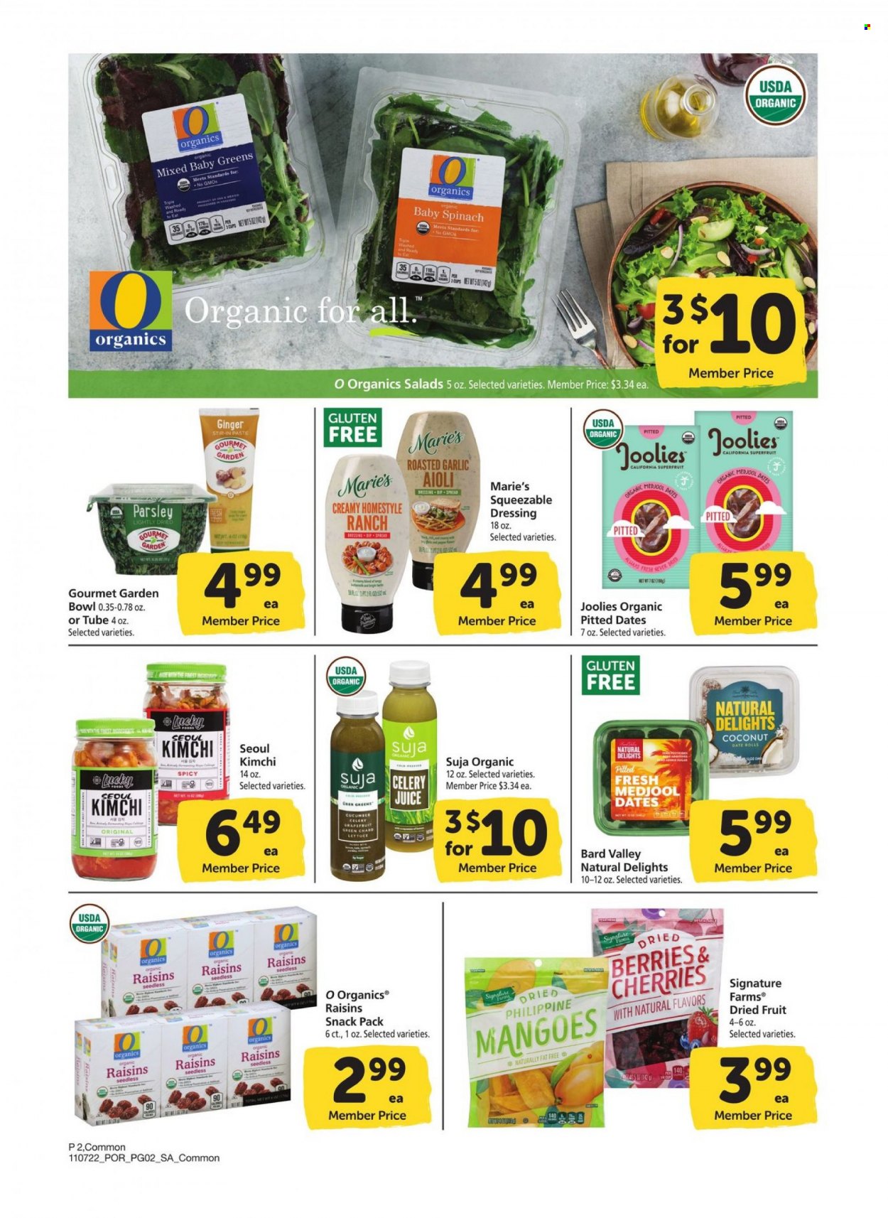 thumbnail - Albertsons Flyer - 11/07/2022 - 12/04/2022 - Sales products - celery, ginger, spinach, parsley, cherries, coconut, fresh dates, dressing, raisins, dried fruit, juice, bowl. Page 2.