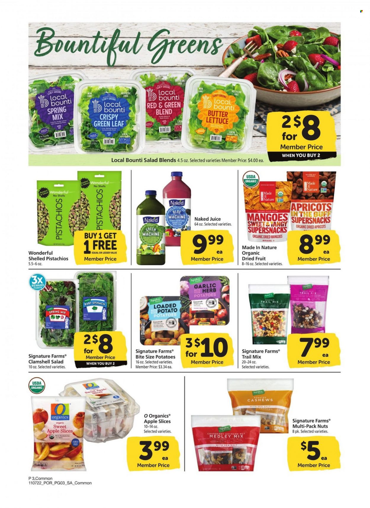thumbnail - Albertsons Flyer - 11/07/2022 - 12/04/2022 - Sales products - butter lettuce, garlic, spinach, potatoes, lettuce, salad, apricots, herbs, cashews, dried fruit, pistachios, trail mix, juice. Page 3.