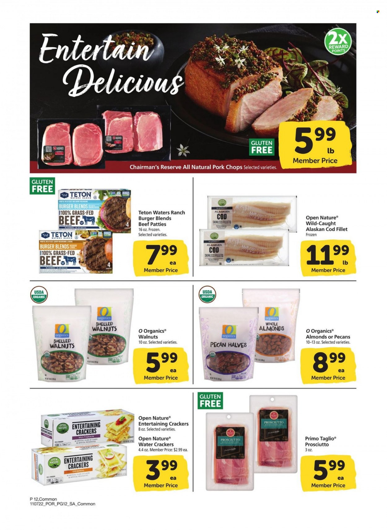 thumbnail - Albertsons Flyer - 11/07/2022 - 12/04/2022 - Sales products - cod, alaskan cod fillet, hamburger, prosciutto, crackers, almonds, walnuts, pecans, pork chops, pork meat. Page 12.