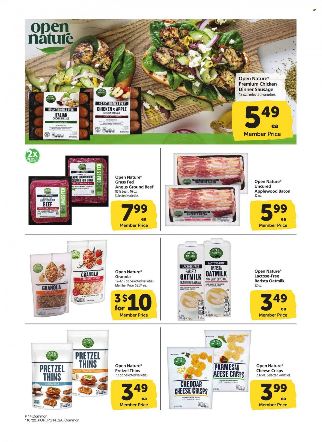 thumbnail - Albertsons Flyer - 11/07/2022 - 12/04/2022 - Sales products - pretzels, bacon, sausage, chicken sausage, cheddar, cheese, oat milk, Thins, granola, spice, beef meat, ground beef. Page 14.
