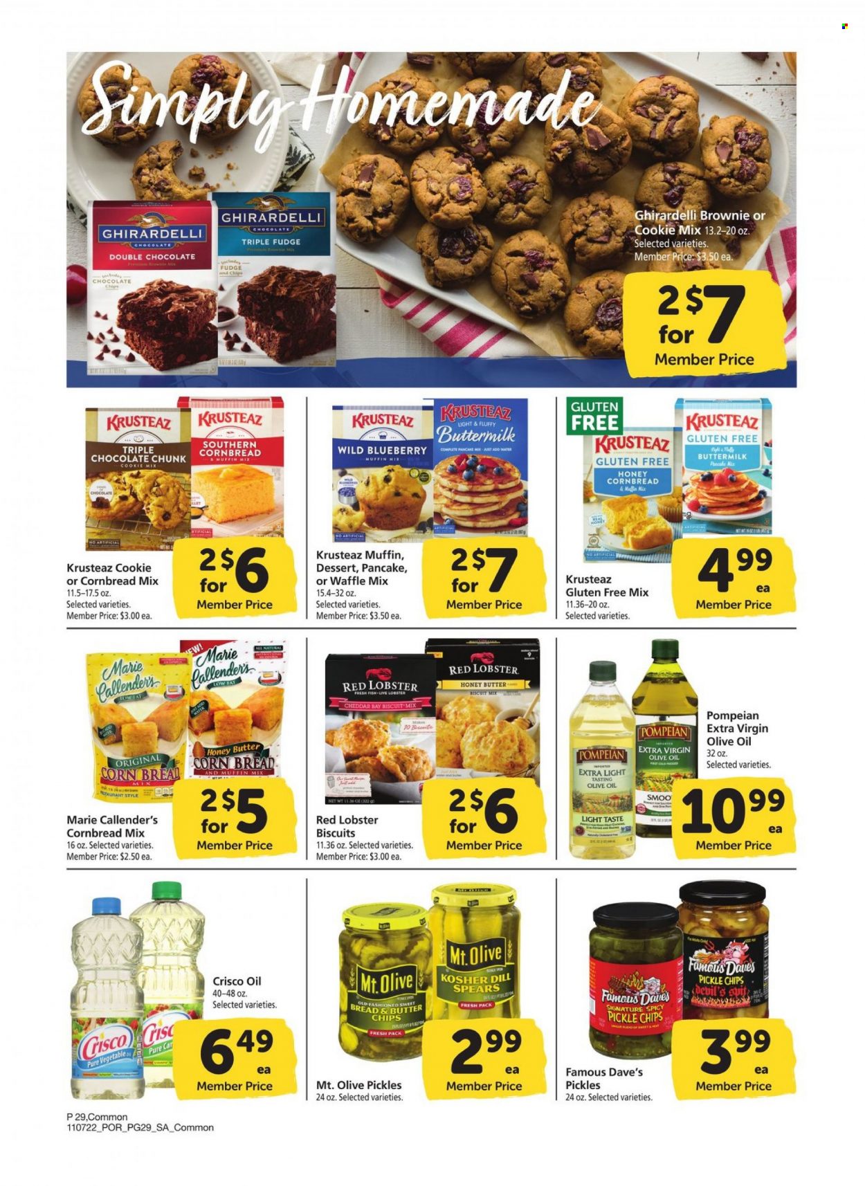 thumbnail - Albertsons Flyer - 11/07/2022 - 12/04/2022 - Sales products - corn bread, brownies, sweet bread, muffin mix, lobster, pancakes, Marie Callender's, buttermilk, fudge, chocolate, biscuit, Ghirardelli, chips, Crisco, pickles, dill, extra virgin olive oil, olive oil, oil, honey. Page 29.