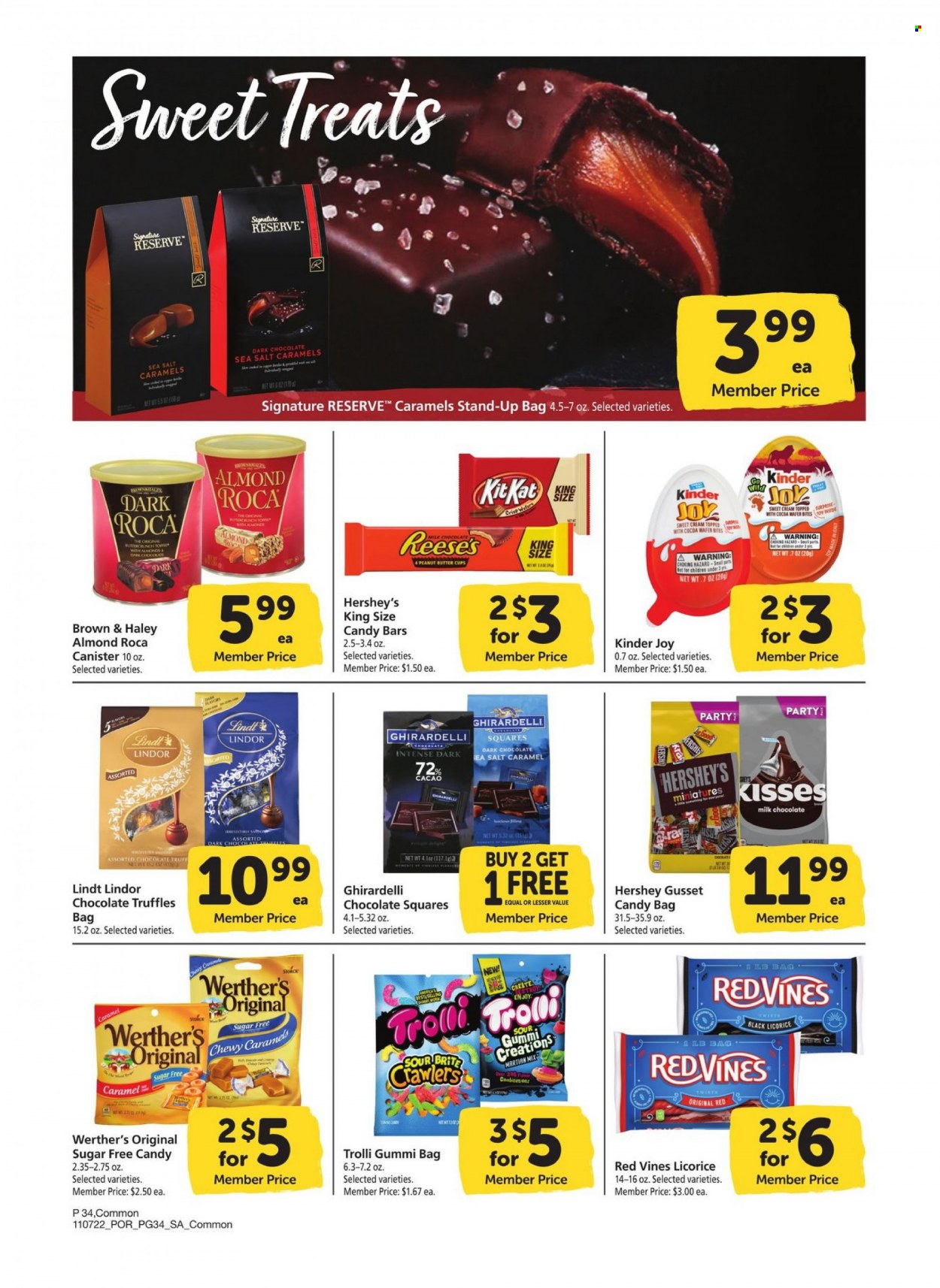 thumbnail - Albertsons Flyer - 11/07/2022 - 12/04/2022 - Sales products - Reese's, Hershey's, milk chocolate, wafers, chocolate, Trolli, Lindt, Lindor, Kinder Joy, truffles, KitKat, dark chocolate, peanut butter cups, Ghirardelli, Brite, bag, canister. Page 34.
