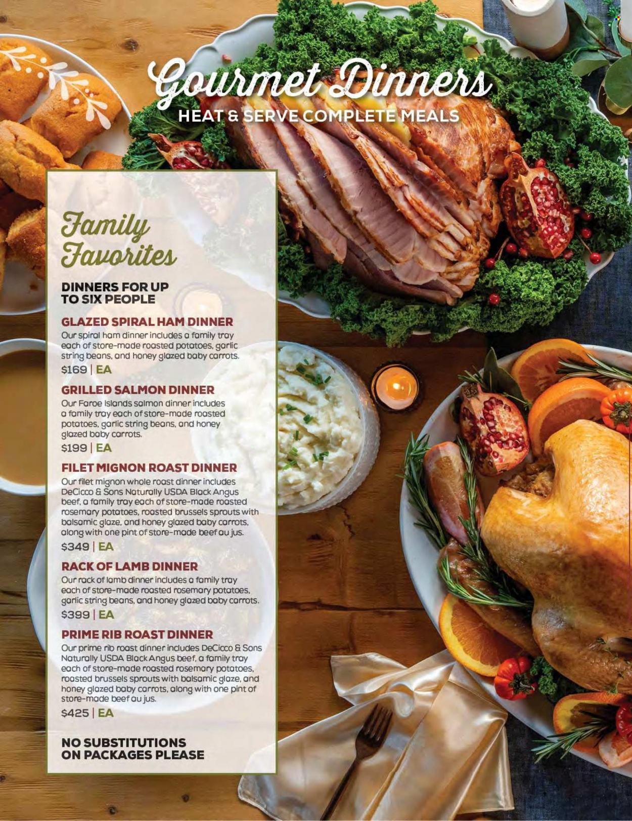 thumbnail - DeCicco & Sons Flyer - Sales products - garlic, potatoes, brussel sprouts, salmon, ham, spiral ham, rosemary, balsamic glaze, beef meat, beef tenderloin, lamb meat, rack of lamb. Page 6.
