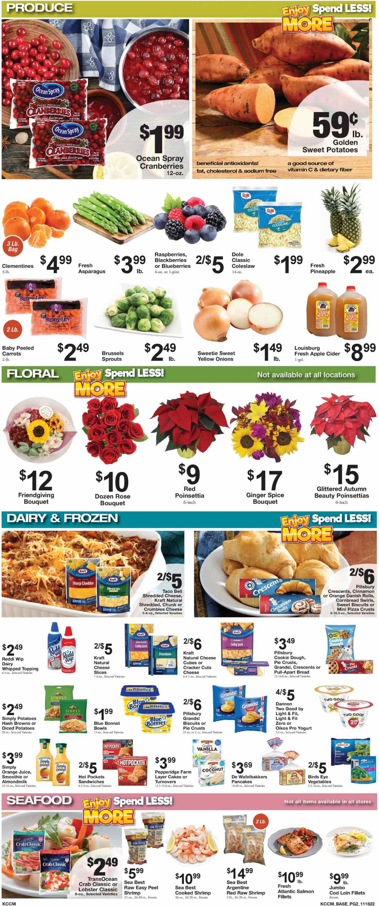 thumbnail - Bratchers Market Flyer - 11/16/2022 - 11/29/2022 - Sales products - bread, pie, corn bread, turnovers, cinnamon roll, asparagus, broccoli, carrots, garlic, ginger, sweet potato, potatoes, onion, Dole, brussel sprouts, blackberries, blueberries, pineapple, coconut, cod, lobster, salmon, salmon fillet, seafood, crab, shrimps, coleslaw, hot pocket, pizza, sandwich, pancakes, Pillsbury, Bird's Eye, Kraft®, pepperoni, Colby cheese, shredded cheese, sliced cheese, cheddar, Provolone, yoghurt, Oikos, Dannon, almond milk, buttermilk, hash browns, cookie dough, chocolate chips, crackers, biscuit, pie crust, topping, cranberries, spice, orange juice, juice, smoothie, wine, rosé wine, apple cider, cider, poinsettia, bouquet, rose, vitamin c, clementines. Page 2.