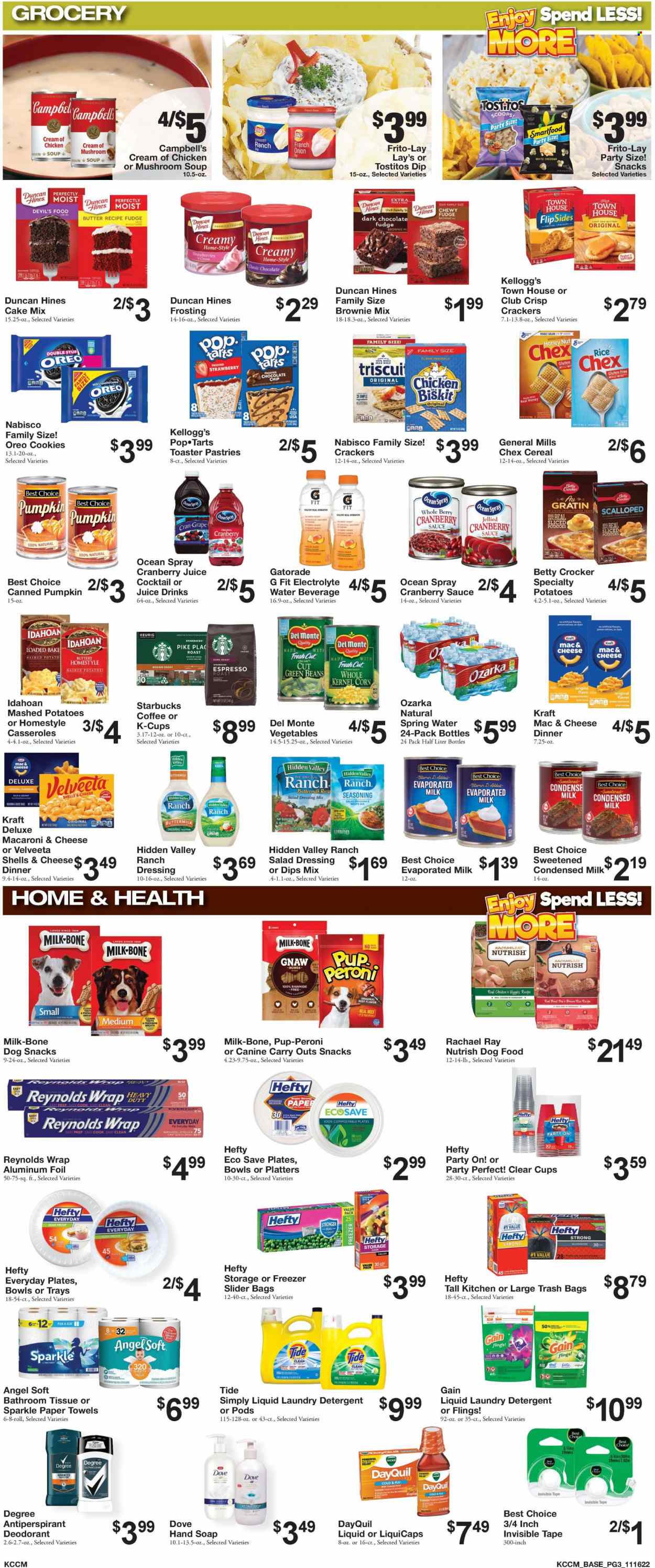 thumbnail - Bratchers Market Flyer - 11/16/2022 - 11/29/2022 - Sales products - pretzels, brownie mix, cake mix, corn, green beans, strawberries, Campbell's, mashed potatoes, mushroom soup, chicken soup, soup, pasta, Kraft®, Oreo, buttermilk, evaporated milk, condensed milk, mayonnaise, ranch dressing, cookies, Dove, fudge, snack, crackers, chewing gum, Kellogg's, dark chocolate, Pop-Tarts, Lay’s, Smartfood, Frito-Lay, Tostitos, frosting, topping, Del Monte, cereals, brown rice, spice, salad dressing, dressing, cranberry sauce, cranberry juice, juice, Cran-Grape, Gatorade, spring water, coffee, Starbucks, K-Cups, Keurig, bath tissue, kitchen towels, paper towels, detergent, Gain, Tide, laundry detergent, hand soap, soap, anti-perspirant, deodorant, Vicks, Hefty, trash bags, aluminium foil, animal food, dog food, Pup-Peroni, Nutrish, DayQuil, Cold & Flu. Page 3.