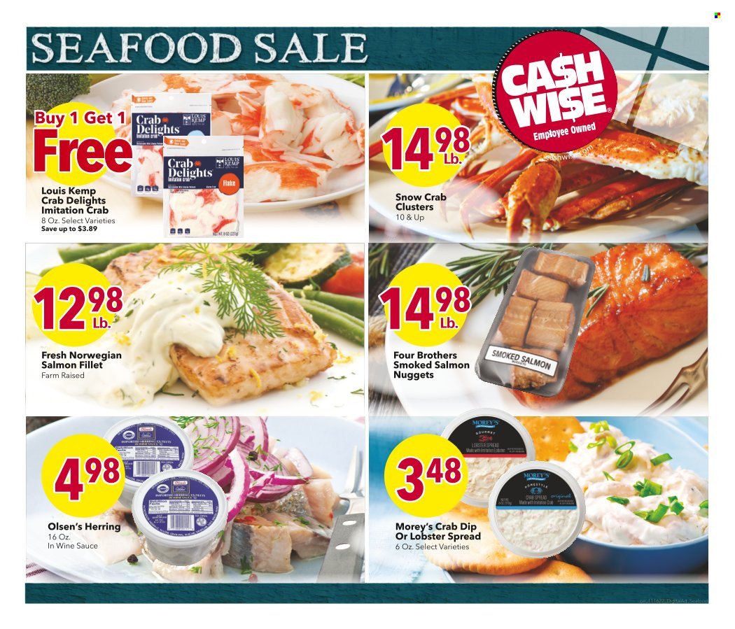 thumbnail - Cash Wise Flyer - 11/16/2022 - 11/29/2022 - Sales products - lobster, salmon, salmon fillet, smoked salmon, herring, seafood, hake, crab, nuggets, sauce, Four Brothers, dip. Page 2.