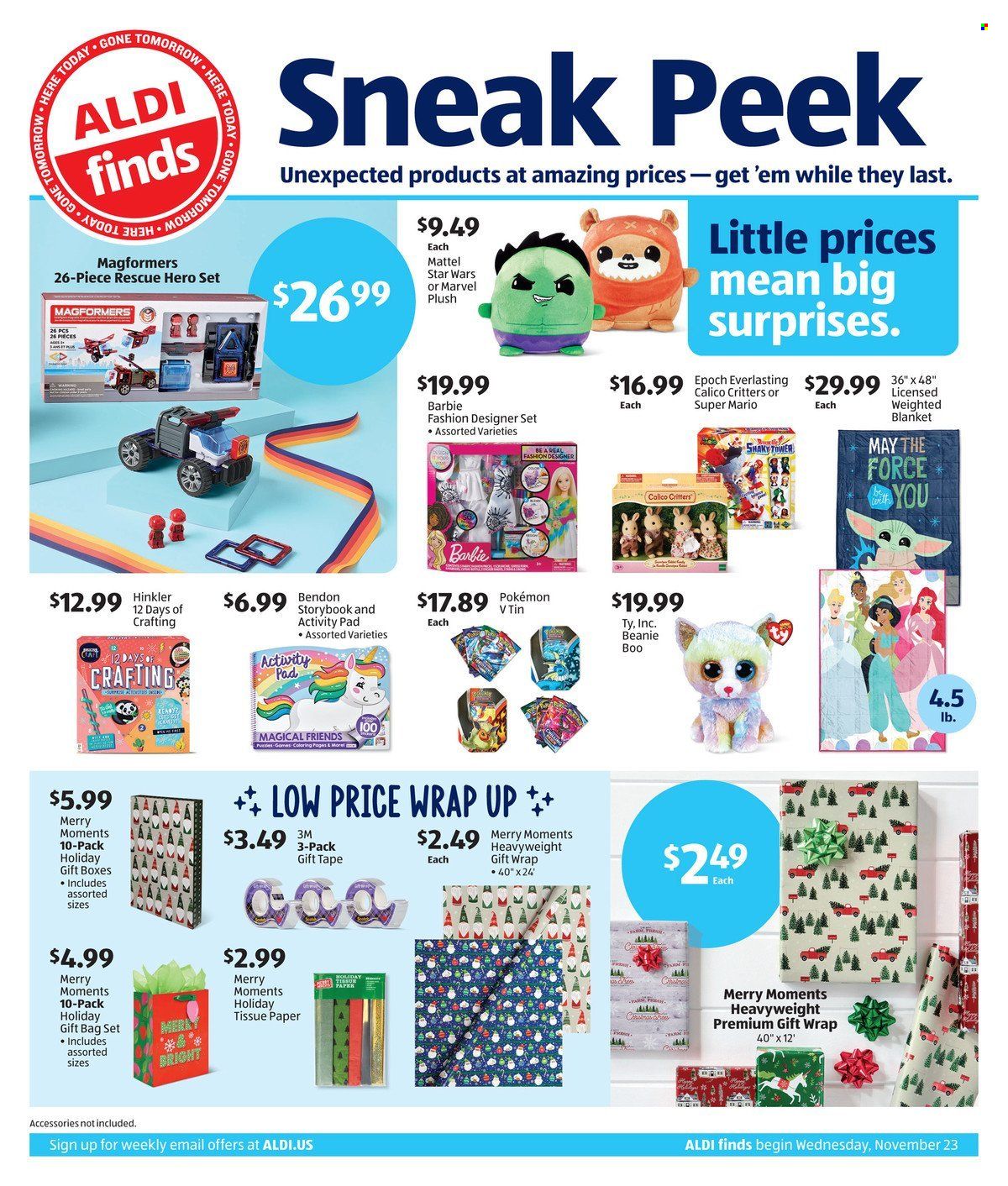 thumbnail - ALDI Flyer - 11/23/2022 - 11/29/2022 - Sales products - toilet paper, tissues, Barbie, Pokémon, gift bag, gift box, gift wrap, paper, blanket, Moments, weighted blanket, Mattel, Magformers. Page 1.
