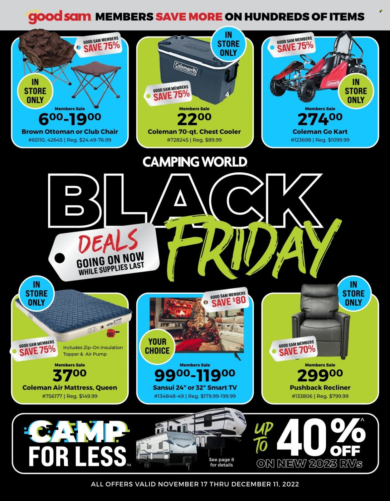 thumbnail - Camping World Flyer - 11/17/2022 - 12/11/2022 - Sales products - smart tv, TV, Sansui, chair, Coleman, pump. Page 1.
