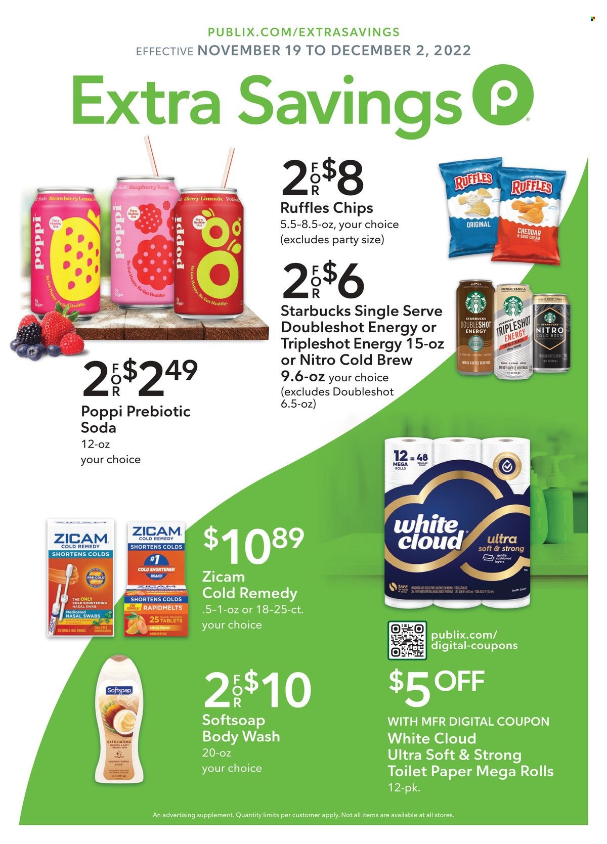 thumbnail - Publix Flyer - 11/19/2022 - 12/02/2022 - Sales products - cherries, cheese, chips, Ruffles, shortening, soda, coffee, Starbucks, toilet paper, body wash, Softsoap. Page 1.