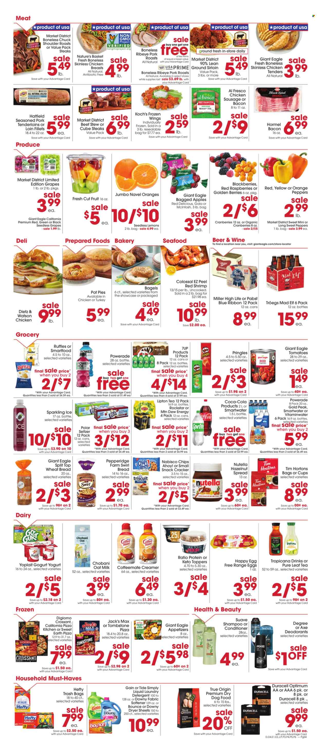 thumbnail - Giant Eagle Flyer - 11/24/2022 - 11/30/2022 - Sales products - wheat bread, croissant, pot pie, sweet peppers, apples, Gala, grapes, Red Delicious apples, seedless grapes, oranges, seafood, shrimps, pizza, chicken tenders, Hormel, bacon, Dietz & Watson, sausage, chicken sausage, yoghurt, Yoplait, Chobani, Coffee-Mate, milk, oat milk, eggs, creamer, Nutella, snack, crackers, Chips Ahoy!, Pringles, Smartfood, Ruffles, cranberries, diced tomatoes, brown rice, rice, cinnamon, hazelnut spread, Coca-Cola, Mountain Dew, Sprite, Powerade, Lipton, 7UP, Rockstar, seltzer water, Smartwater, tea, Pure Leaf, L'Or, wine, beer, Miller, Pabst Blue Ribbon, beef meat, steak, pork tenderloin, detergent, Gain, Tide, fabric softener, laundry detergent, dryer sheets, Downy Laundry, shampoo, Suave, conditioner, deodorant, Axe, Hefty, trash bags, basket, cup, Duracell, animal food, dry dog food, dog food, Optimum, lemons, navel oranges. Page 2.