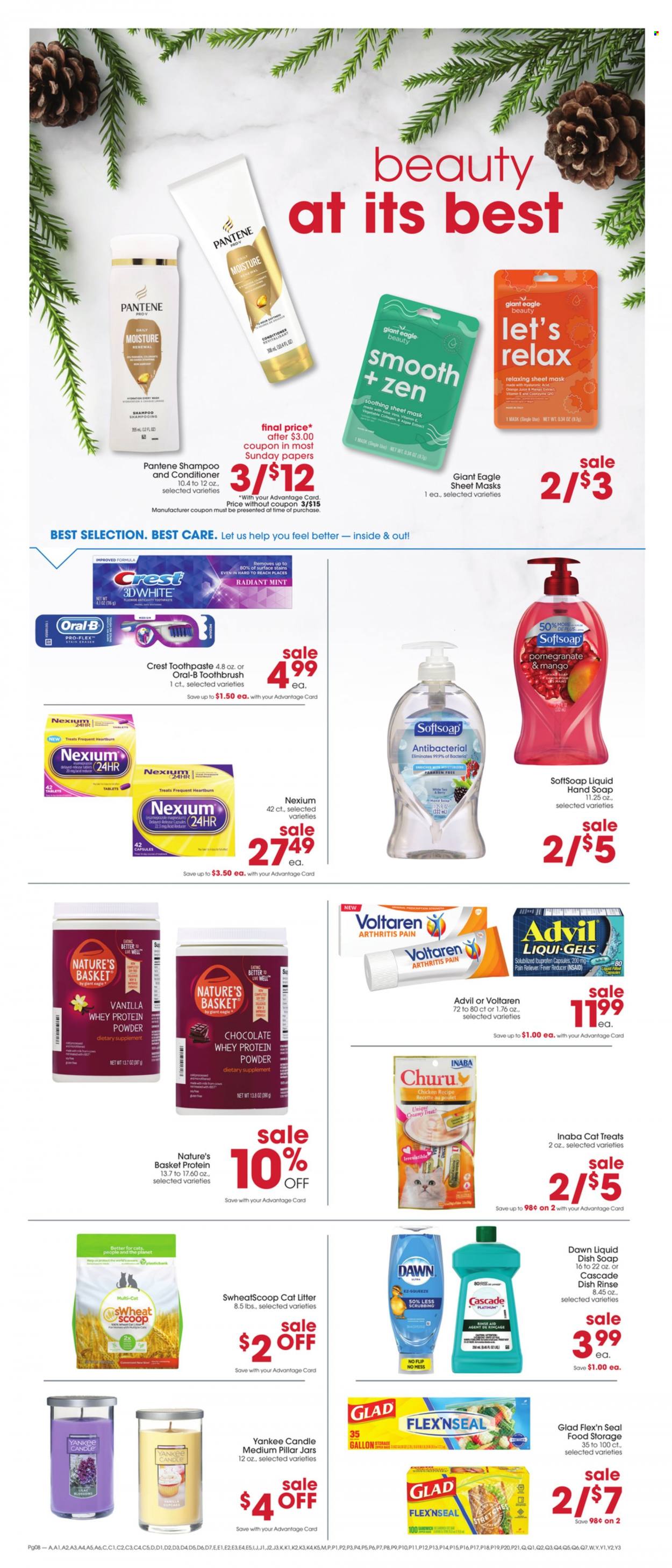 thumbnail - Giant Eagle Flyer - 11/24/2022 - 11/30/2022 - Sales products - cupcake, milk, chocolate, orange juice, juice, Cascade, shampoo, Softsoap, hand soap, soap, toothbrush, Oral-B, toothpaste, Crest, conditioner, Pantene, basket, jar, eraser, candle, Yankee Candle, cat litter, magnesium, Ibuprofen, Nexium, Advil Rapid, whey protein, vitamin D3, dietary supplement, pomegranate. Page 5.