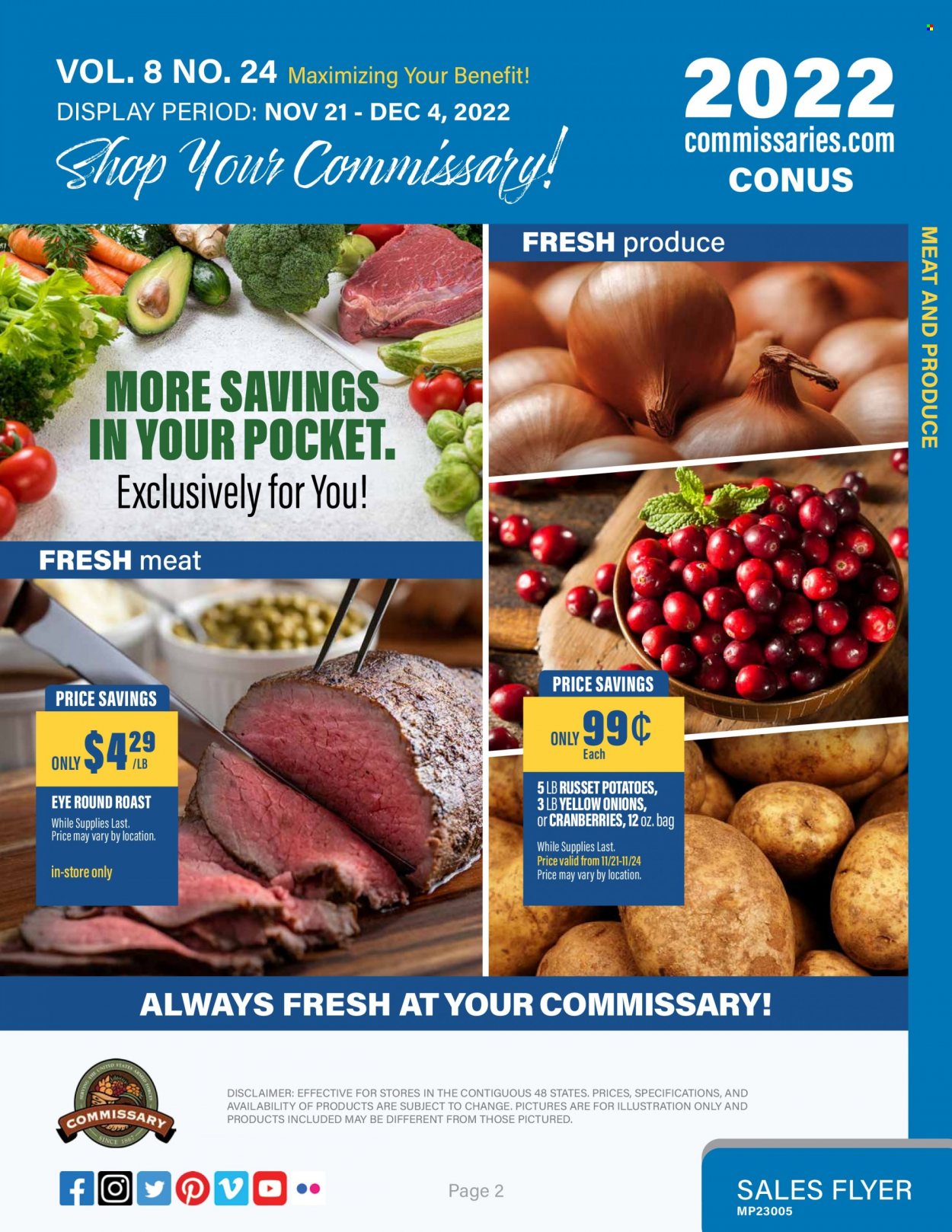 thumbnail - Commissary Flyer - 11/21/2022 - 12/04/2022 - Sales products - russet potatoes, potatoes, cranberries, beef meat, round roast. Page 2.