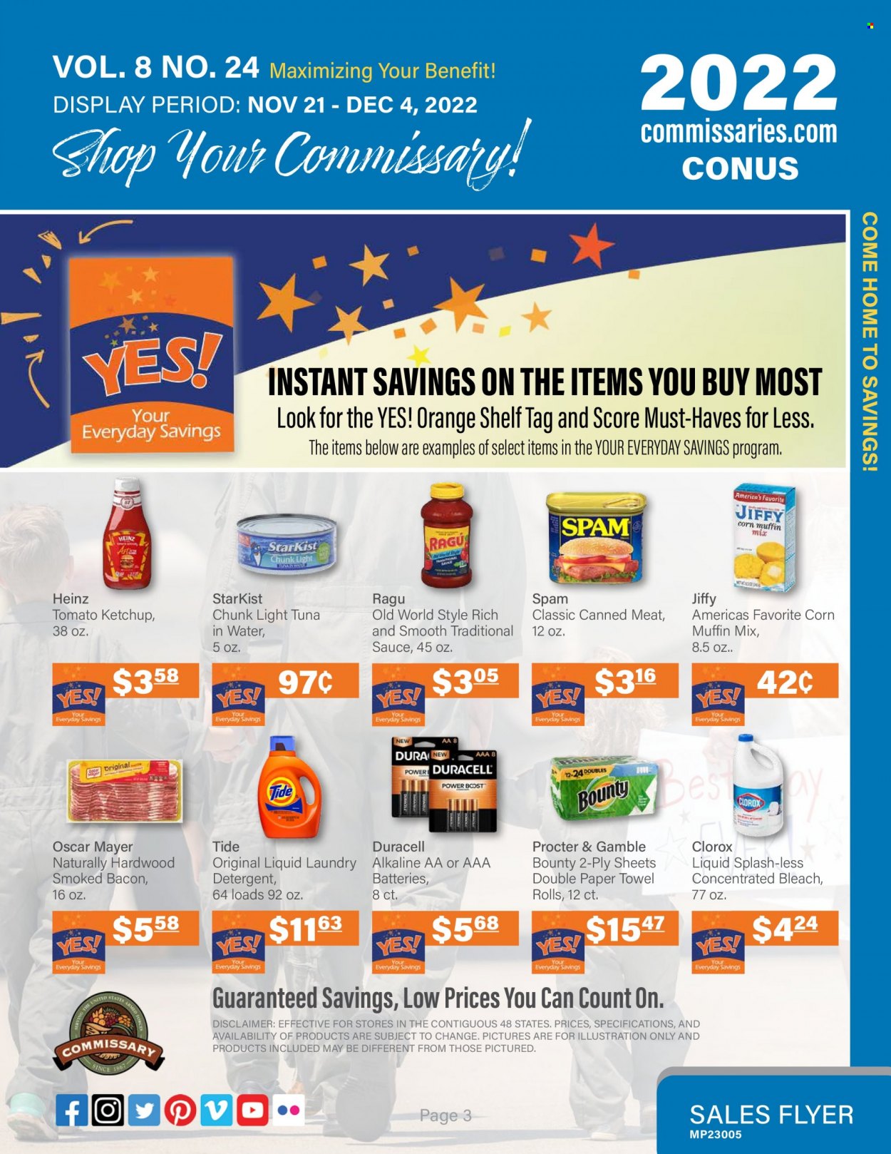 thumbnail - Commissary Flyer - 11/21/2022 - 12/04/2022 - Sales products - muffin mix, corn, oranges, tuna, StarKist, bacon, Oscar Mayer, Spam, Bounty, corn muffin, tuna in water, Heinz, light tuna, ketchup, ragu, Boost, paper towels, detergent, bleach, Clorox, Tide, laundry detergent. Page 3.