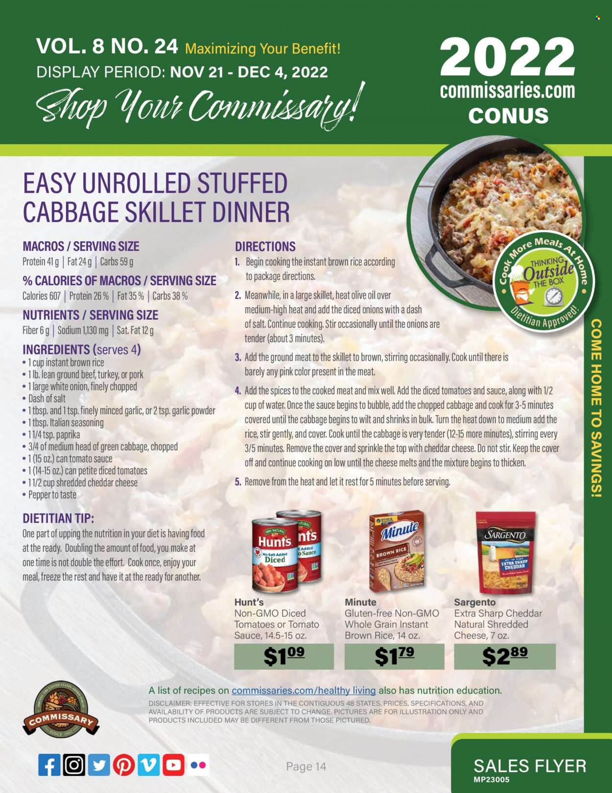 thumbnail - Commissary Flyer - 11/21/2022 - 12/04/2022 - Sales products - onion, shredded cheese, Sargento, tomato sauce, diced tomatoes, rice, pepper, spice, garlic powder, olive oil, oil, beef meat, ground beef. Page 14.