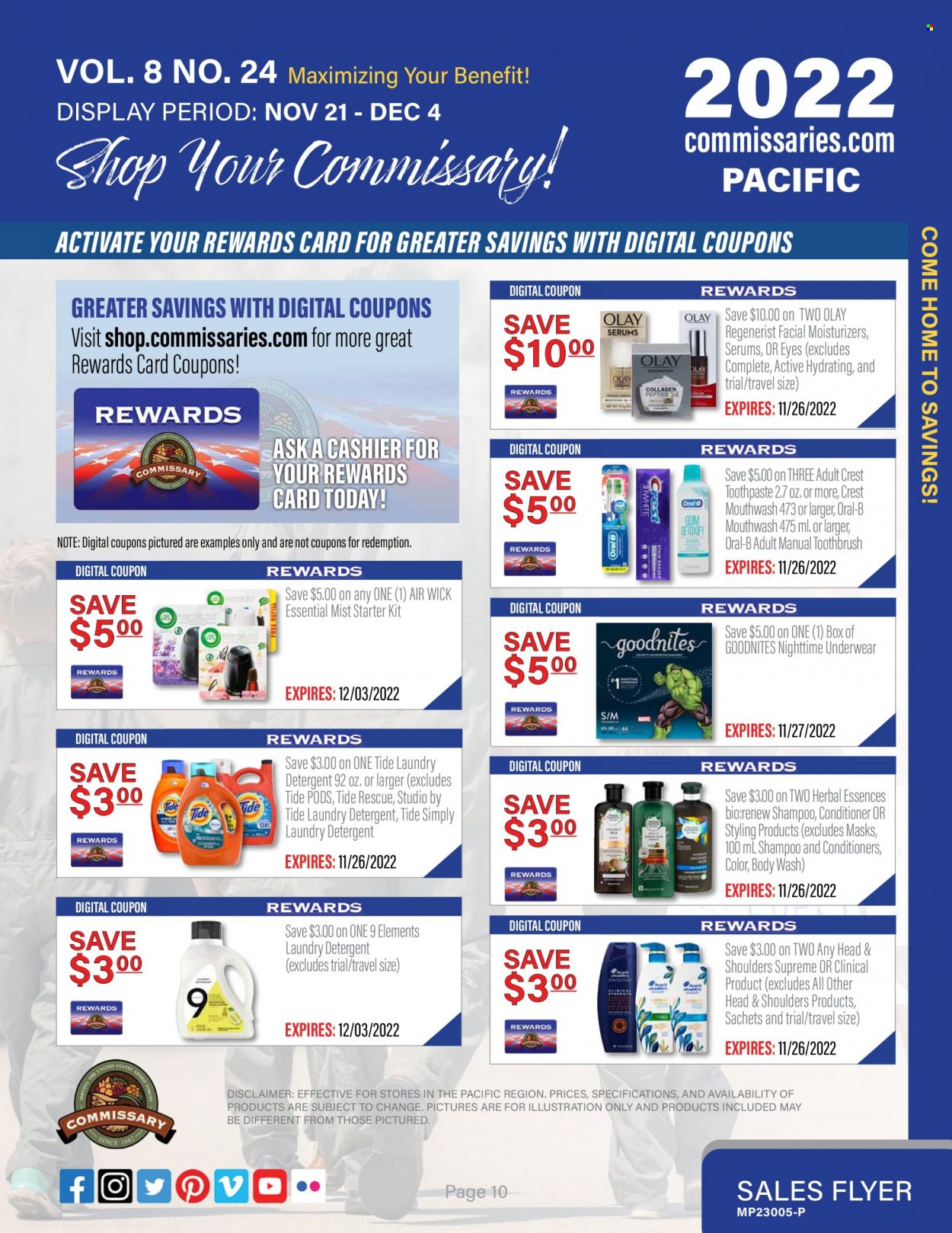 thumbnail - Commissary Flyer - 11/21/2022 - 12/04/2022 - Sales products - detergent, Tide, laundry detergent, body wash, shampoo, toothbrush, Oral-B, toothpaste, mouthwash, Crest, moisturizer, Olay, conditioner, Head & Shoulders, Herbal Essences. Page 10.