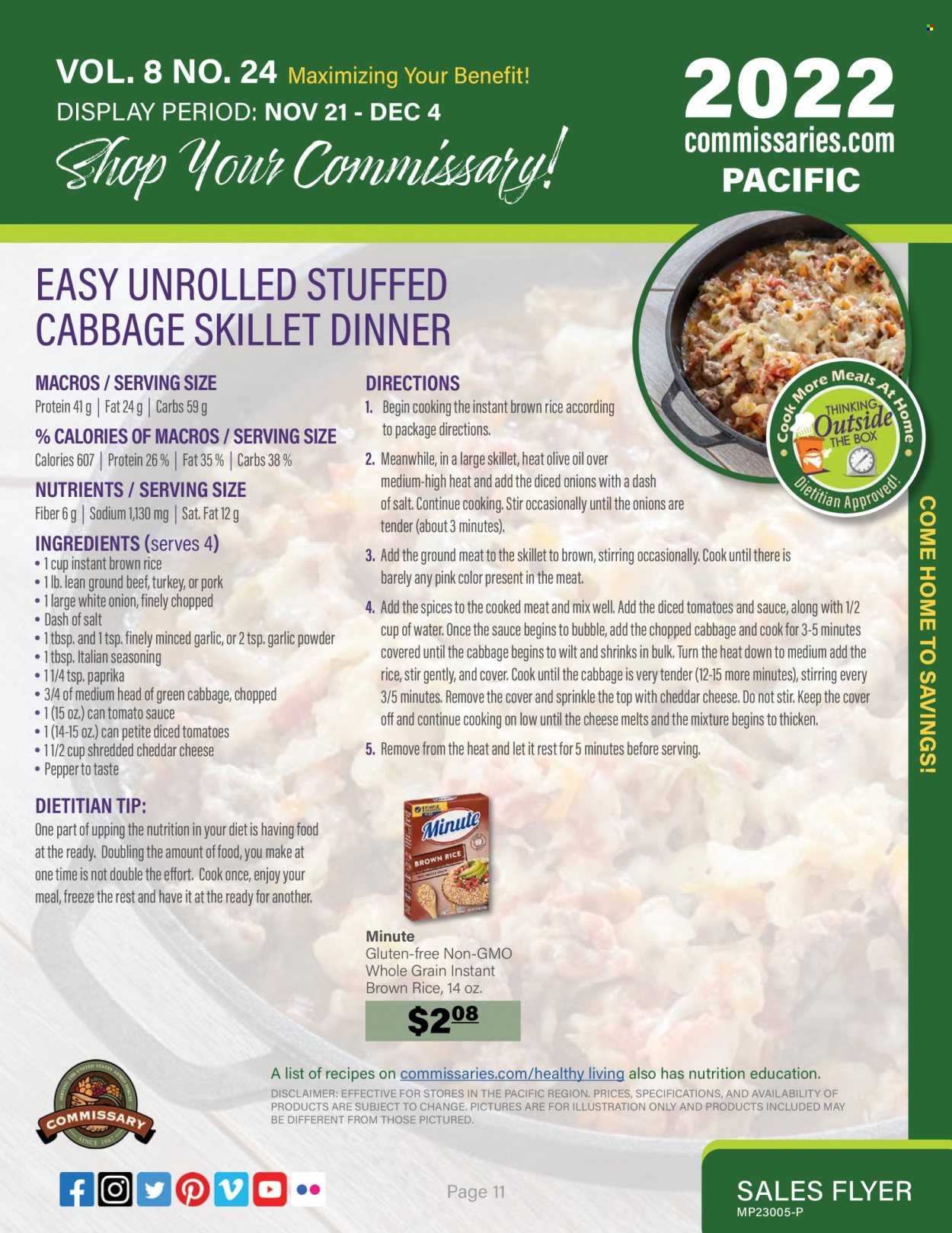 thumbnail - Commissary Flyer - 11/21/2022 - 12/04/2022 - Sales products - onion, cheese, salt, tomato sauce, diced tomatoes, rice, pepper, spice, garlic powder, olive oil, oil, beef meat, ground beef. Page 11.