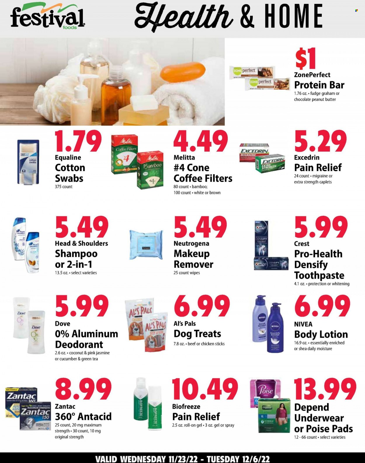 thumbnail - Festival Foods Flyer - 11/23/2022 - 11/29/2022 - Sales products - Dove, fudge, chocolate, protein bar, peanut butter, green tea, tea, wipes, shampoo, Nivea, toothpaste, Crest, Neutrogena, Head & Shoulders, body lotion, anti-perspirant, roll-on, deodorant, pain relief, Excedrin, magnesium, Zantac, Antacid. Page 5.