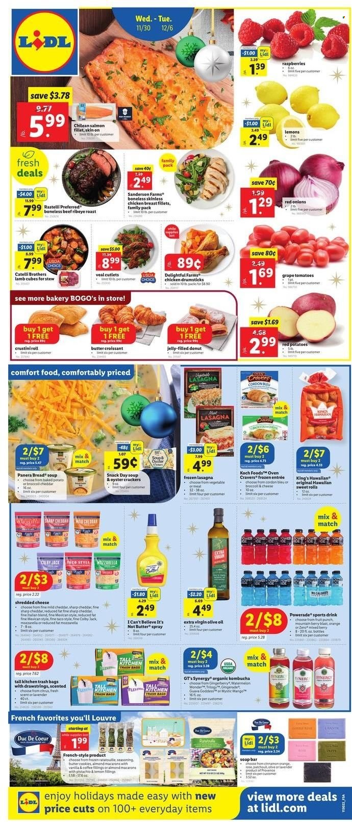thumbnail - Lidl Flyer - 11/30/2022 - 12/06/2022 - Sales products - bread, croissant, donut, sweet rolls, broccoli, red onions, tomatoes, potatoes, red potatoes, guava, watermelon, oranges, salmon, salmon fillet, oysters, soup, lasagna meal, Colby cheese, mild cheddar, mozzarella, shredded cheese, I Can't Believe It's Not Butter, cordon bleu, cookies, butter cookies, snack, jelly, crackers, oyster crackers, spice, cinnamon, extra virgin olive oil, olive oil, oil, Powerade, fruit punch, kombucha, coffee, wine, rosé wine, chicken breasts, chicken drumsticks, veal cutlet, veal meat, soap bar, soap, trash bags, pan, rose. Page 1.