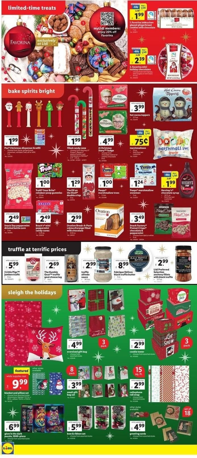 thumbnail - Lidl Flyer - 11/30/2022 - 12/06/2022 - Sales products - gingerbread, oranges, sauce, Alfredo sauce, goat cheese, cheese, Reese's, Hershey's, cookies, fudge, gingerbread cookies, marshmallows, milk chocolate, snack, candy cane, Trolli, Santa, peanut butter cups, Peeps, kettle corn, pretzel crisps, anchovies, chocolate syrup, syrup, hot cocoa, Brite, dispenser, gift bag, pillow, reindeer, puzzle. Page 2.