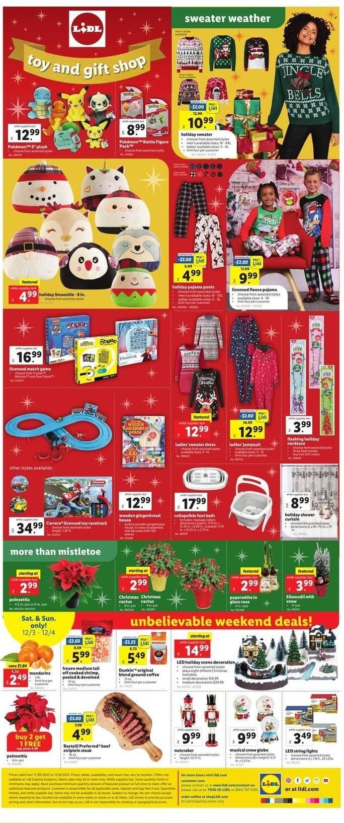 thumbnail - Lidl Flyer - 11/30/2022 - 12/06/2022 - Sales products - gingerbread, mandarines, shrimps, coffee, ground coffee, beef meat, steak, striploin steak, pants, Minions, shower curtain, lid, curtain, vase, snow globe, dress, jumpsuit, sweater, necklace, pajamas, Carrera, toys, string lights, poinsettia, cactus. Page 4.
