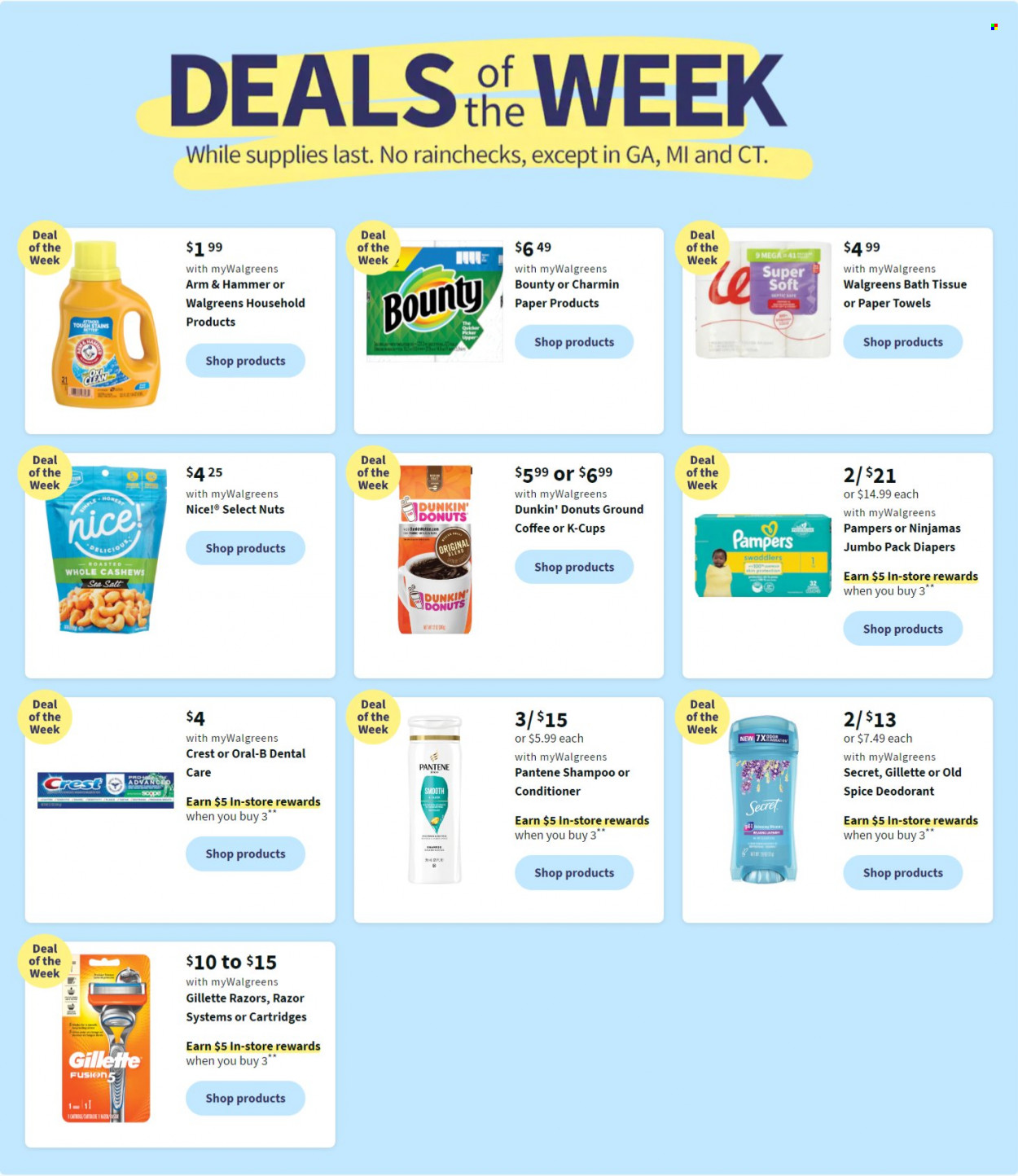thumbnail - Walgreens Flyer - 11/27/2022 - 12/03/2022 - Sales products - donut, Dunkin' Donuts, Bounty, Nice!, ARM & HAMMER, sea salt, cashews, coffee, ground coffee, K-Cups, Pampers, nappies, bath tissue, kitchen towels, paper towels, Charmin, shampoo, Old Spice, Oral-B, Crest, conditioner, Pantene, anti-perspirant, deodorant, Gillette, razor. Page 2.