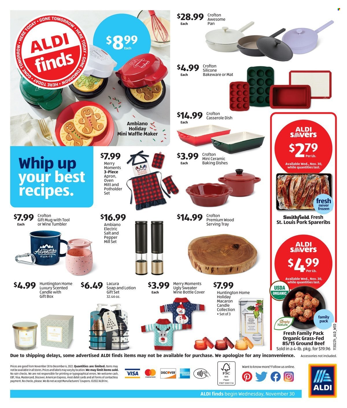 thumbnail - ALDI Flyer - 11/30/2022 - 12/06/2022 - Sales products - macaroons, gift set, UglyDolls, pepper, beef meat, ground beef, pork spare ribs, soap, mug, tray, tumbler, pan, oven mitt, casserole, mill set, bakeware, gift box, paper, candle, Moments, waffle maker, sweater. Page 2.