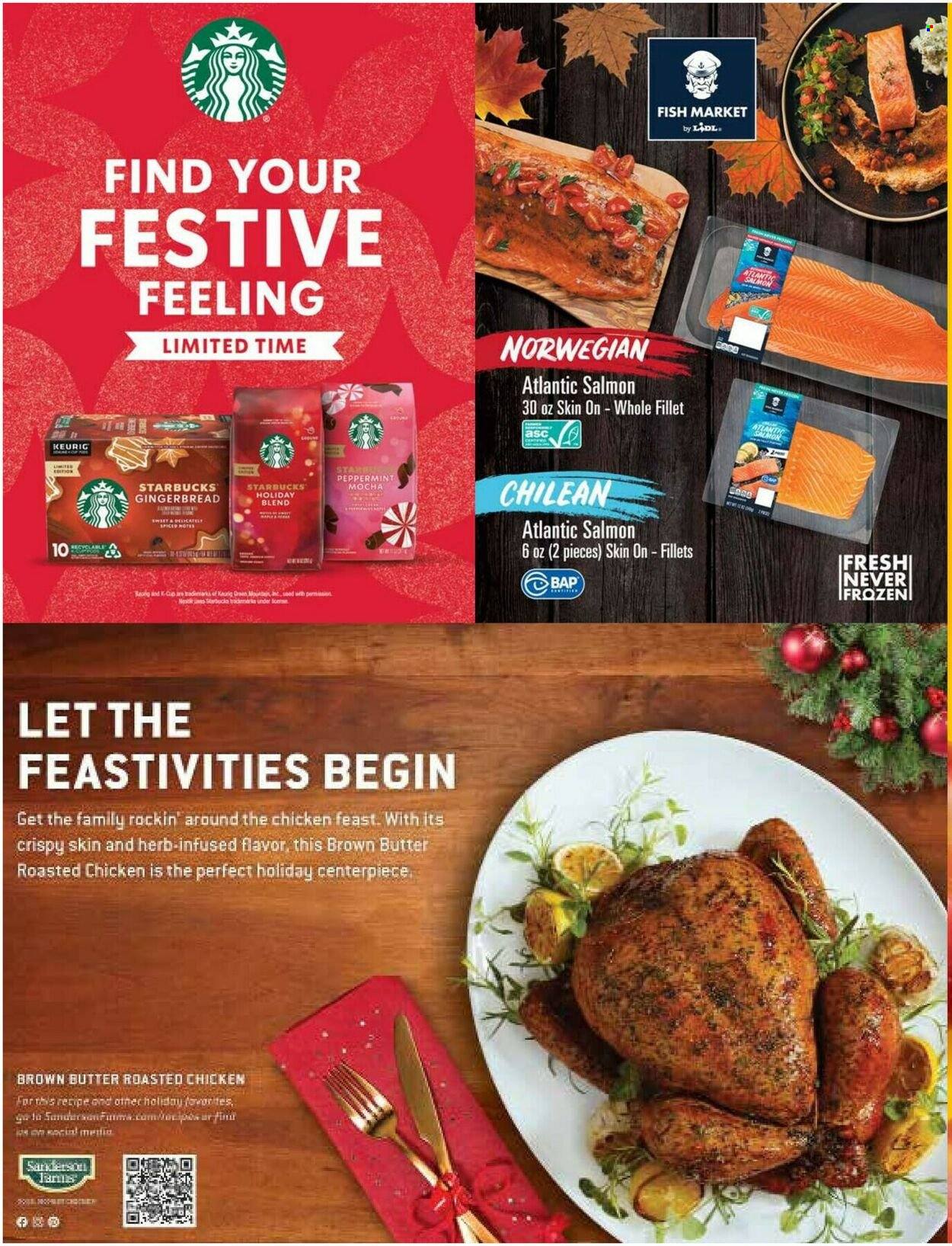 thumbnail - Lidl Flyer - 11/23/2022 - 12/27/2022 - Sales products - gingerbread, salmon, chicken roast, butter, herbs, Starbucks, Keurig, Green Mountain, pan, plant seeds. Page 18.