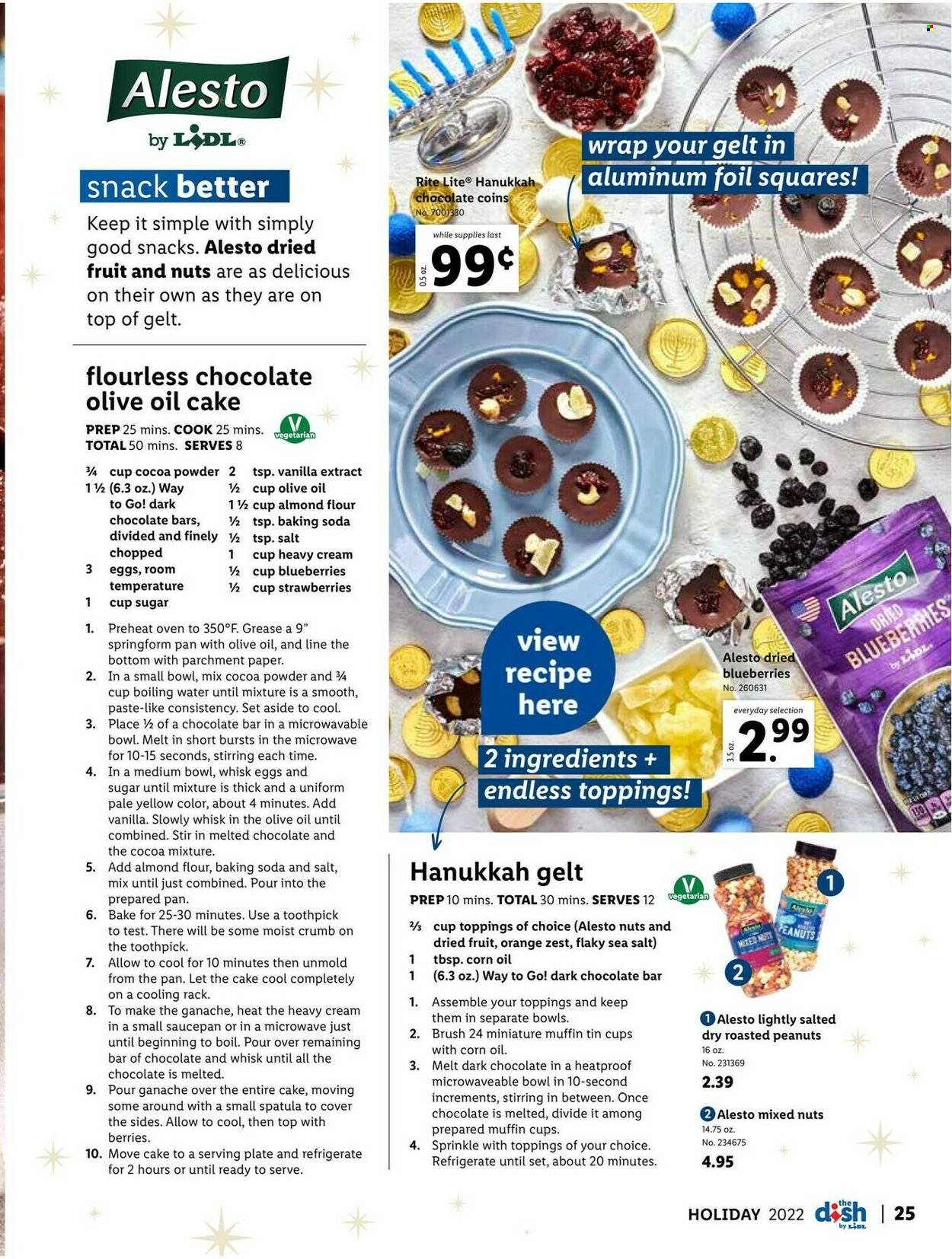 thumbnail - Lidl Flyer - 11/23/2022 - 12/27/2022 - Sales products - cake, oranges, eggs, snack, dark chocolate, chocolate bar, bicarbonate of soda, flour, vanilla extract, almond flour, corn oil, roasted peanuts, peanuts, dried fruit, mixed nuts, brush, spatula, saucepan, muffin tin, aluminium foil, paper. Page 25.