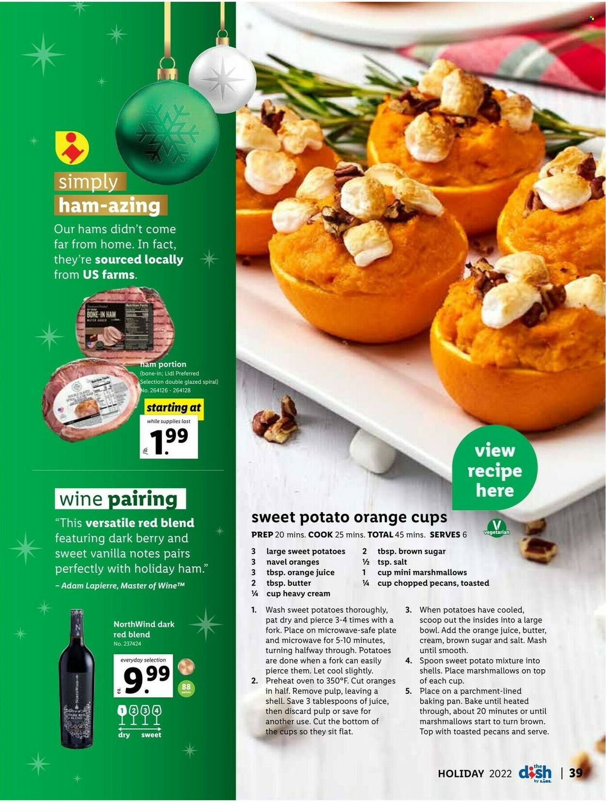 thumbnail - Lidl Flyer - 11/23/2022 - 12/27/2022 - Sales products - sweet potato, potatoes, ham, butter, marshmallows, cane sugar, pecans, orange juice, juice, wine, fork, spoon, plate, pan, Shell, navel oranges. Page 39.