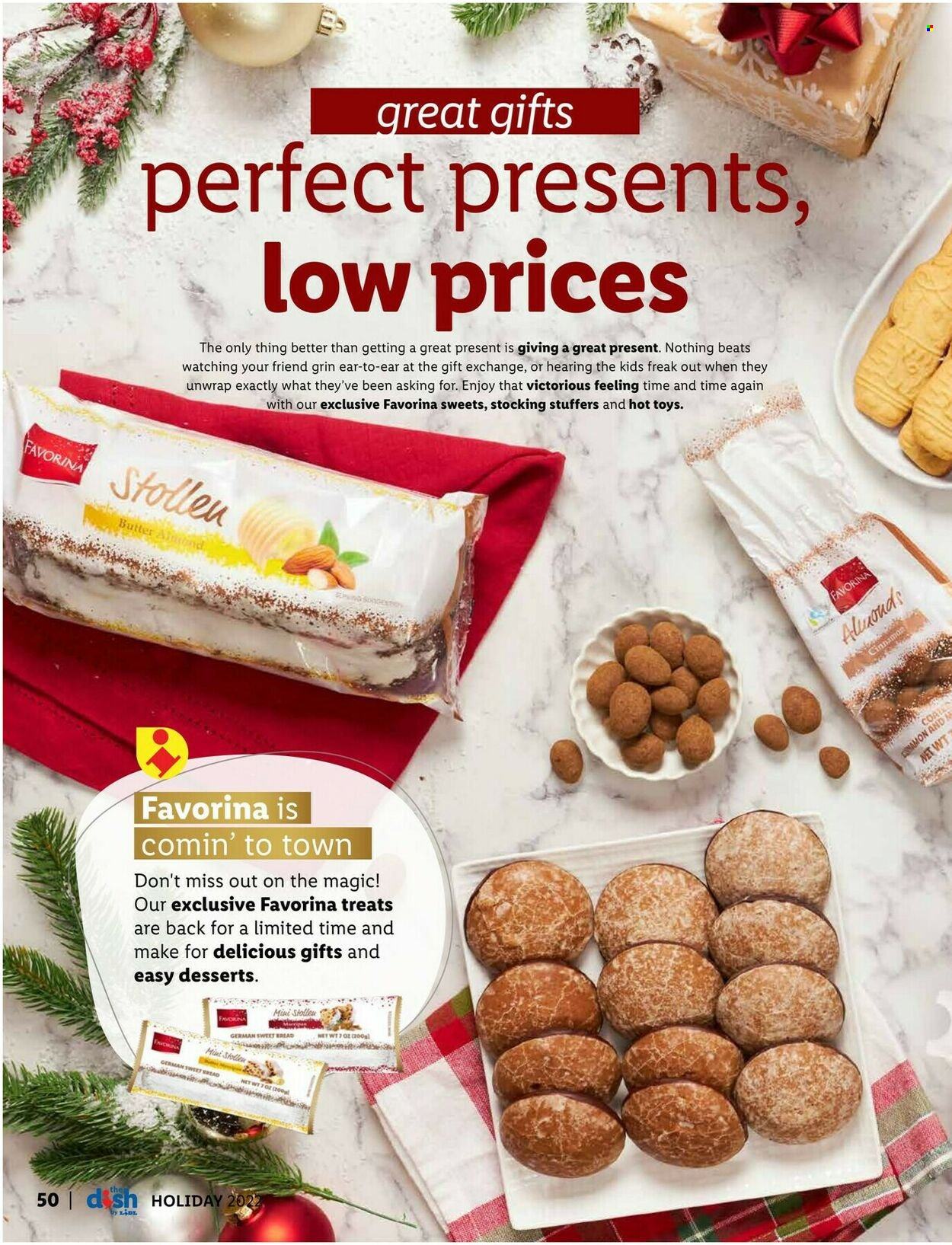 thumbnail - Lidl Flyer - 11/23/2022 - 12/27/2022 - Sales products - bread, mini stollen, stollen, sweet bread, butter, cinnamon, almonds, toys. Page 52.