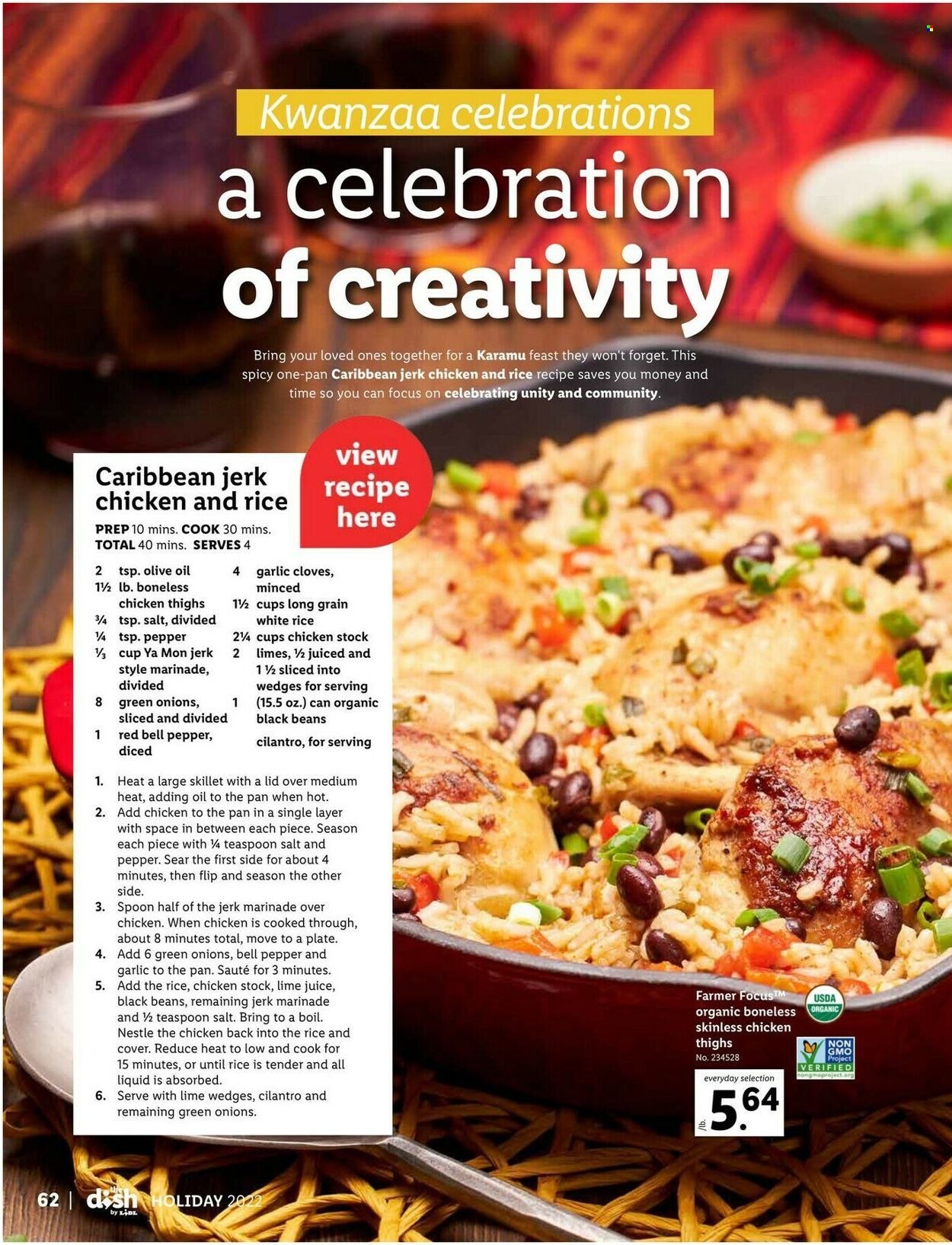 thumbnail - Lidl Flyer - 11/23/2022 - 12/27/2022 - Sales products - garlic, limes, Nestlé, Celebration, black beans, white rice, cilantro, pepper, cloves, marinade, olive oil, oil, chicken thighs, lid, spoon, pan, teaspoon. Page 64.