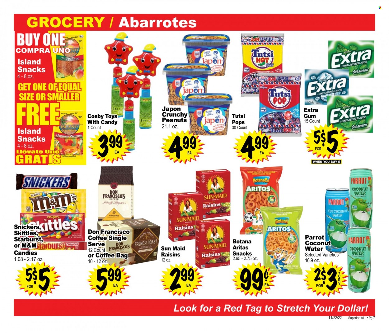 thumbnail - Superior Grocers Flyer - 11/22/2022 - 12/19/2022 - Sales products - mango, Snickers, M&M's, Skittles, Starburst, raisins, peanuts, dried fruit, coconut water, coffee. Page 7.