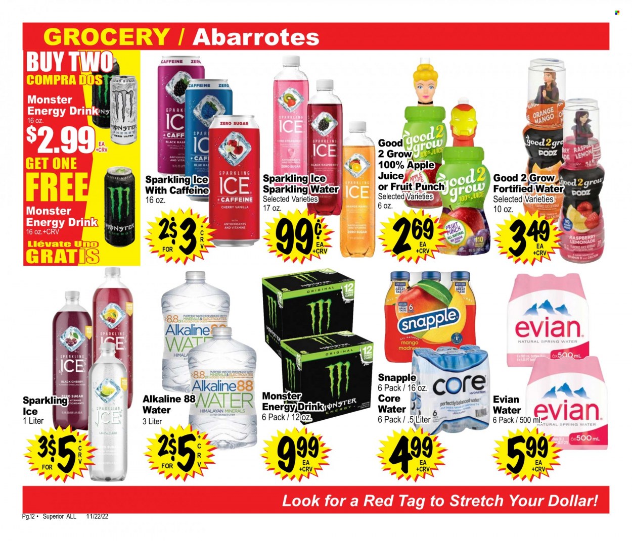 thumbnail - Superior Grocers Flyer - 11/22/2022 - 12/19/2022 - Sales products - kiwi, mango, oranges, apple juice, lemonade, juice, energy drink, Monster, Monster Energy, Snapple, fruit punch, spring water, sparkling water, Evian, calcium. Page 12.