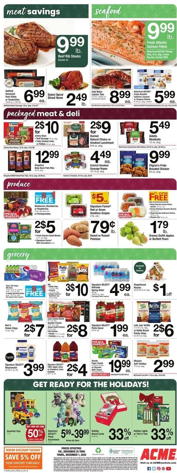 thumbnail - ACME Flyer - 11/25/2022 - 12/01/2022 - Sales products - tortillas, pretzels, gingerbread, russet potatoes, sweet potato, salad, brussel sprouts, Bartlett pears, blackberries, blueberries, grapes, seedless grapes, pears, Granny Smith, calamari, lobster, salmon, salmon fillet, seafood, lobster tail, shrimps, pasta sauce, meatballs, nuggets, sauce, fried chicken, Lean Cuisine, Bob Evans, pulled pork, Jimmy Dean, Hormel, Kingsford, bacon, sausage, smoked sausage, italian sausage, lunch meat, cheese, mayonnaise, Bounty, potato chips, apple juice, cranberry juice, Pepsi, juice, spring water, sparkling water, steak, pork meat, pork ribs, pork back ribs, bath tissue, kitchen towels, paper towels, Charmin, boxed card, owl, toys, butternut squash, pomegranate. Page 2.