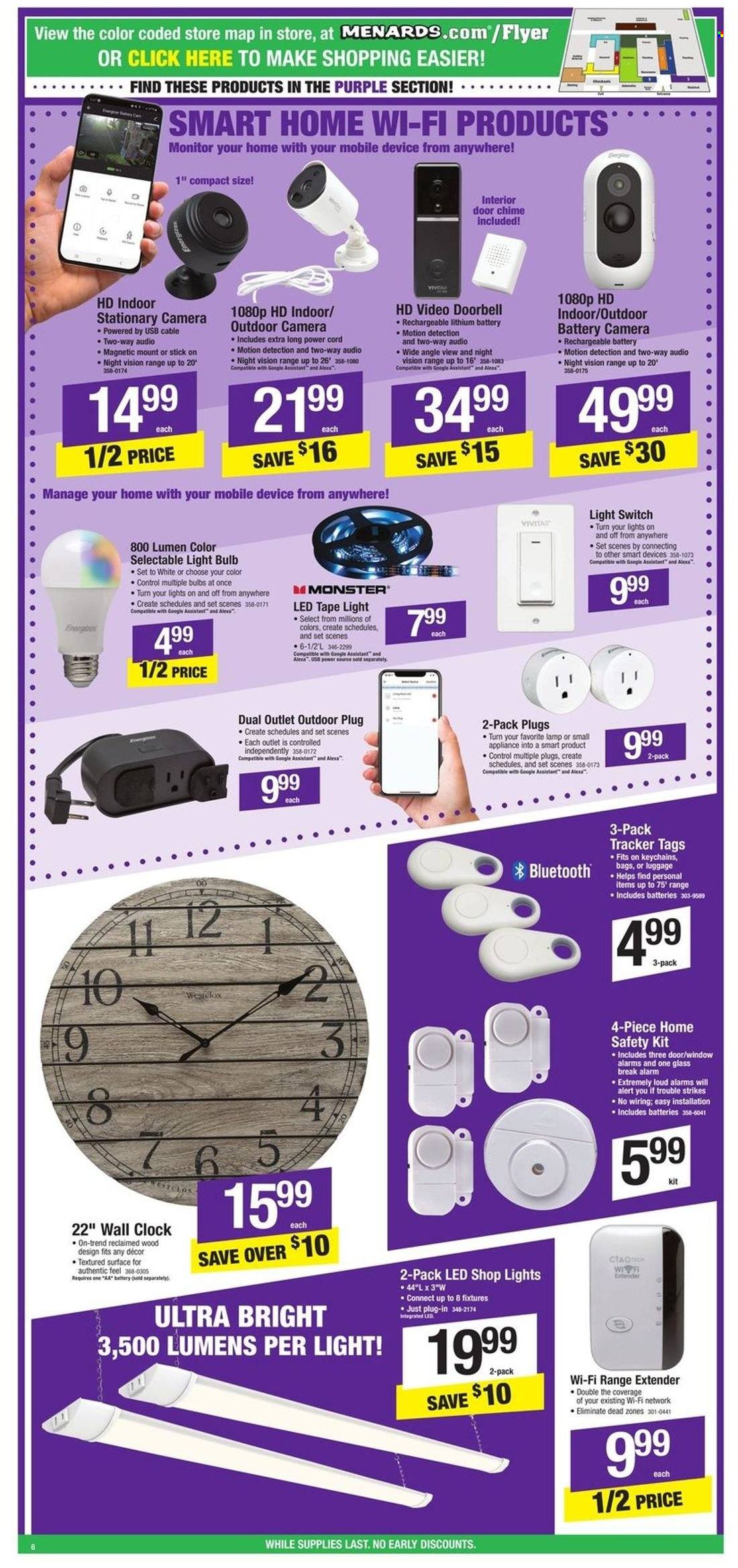 thumbnail - Menards Flyer - 11/24/2022 - 12/04/2022 - Sales products - switch, clock, bulb, light bulb, Vivitar, range extender, luggage, lamp. Page 6.