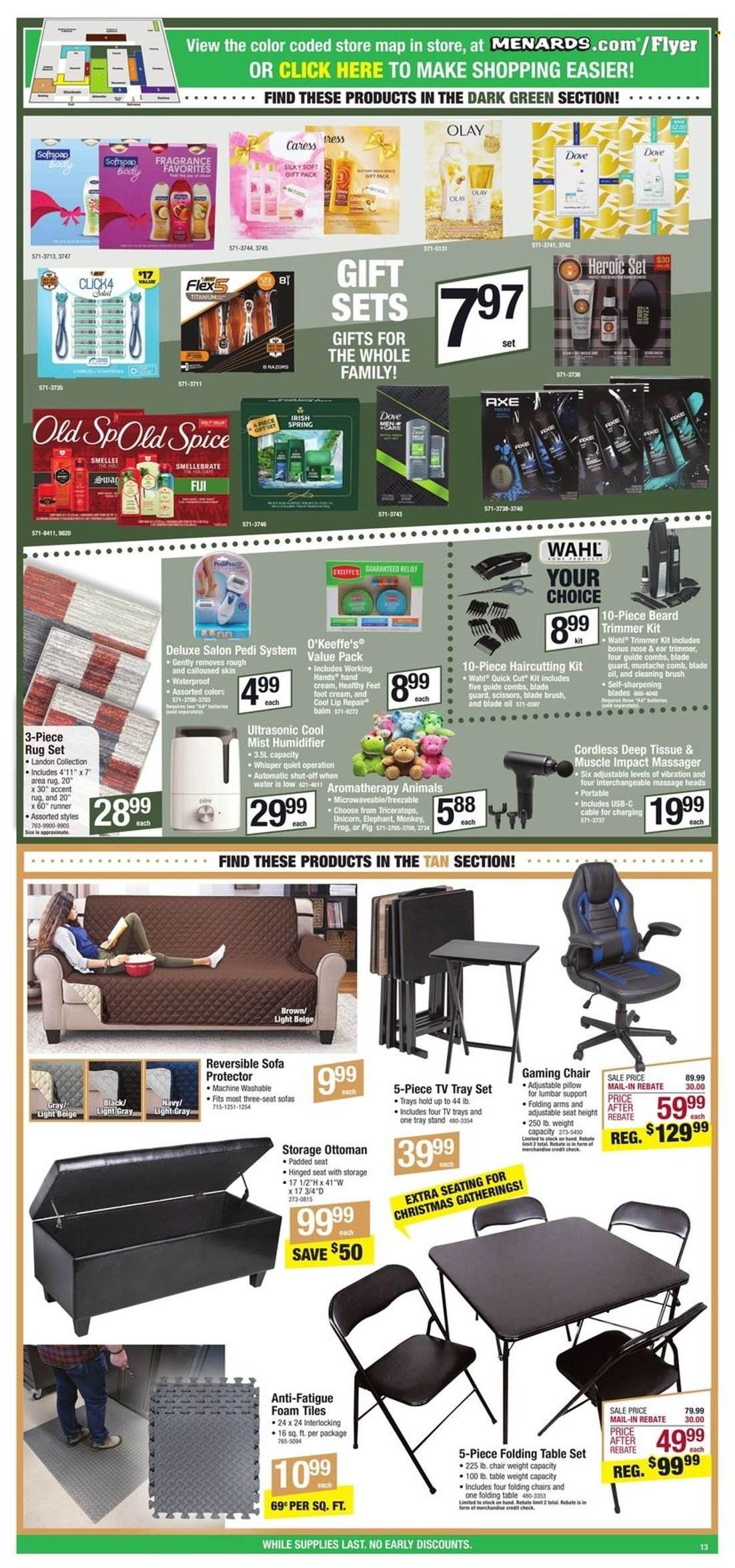thumbnail - Menards Flyer - 11/24/2022 - 12/04/2022 - Sales products - Dove, spice, oil, tissues, DAC, Whisper, Olay, comb, hand cream, Axe, scissors, pillow, trimmer, haircutting kit, table, table set, chair, sofa, ottoman, folding table, swag, monkey, rug, area rug, anti-fatigue foam. Page 13.