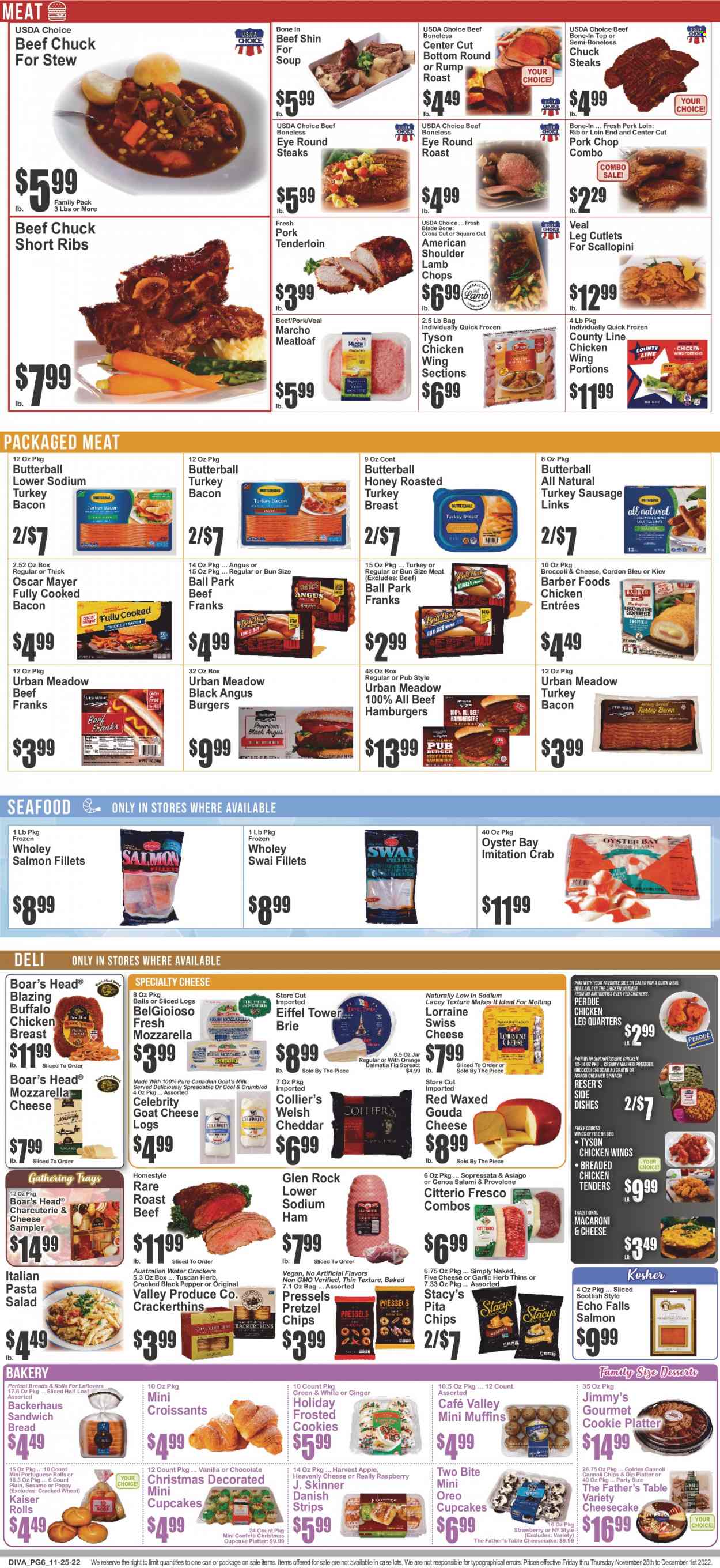 thumbnail - Key Food Flyer - 11/25/2022 - 12/01/2022 - Sales products - bread, pretzels, croissant, Father's Table, cupcake, cheesecake, muffin, broccoli, garlic, ginger, oranges, salmon, salmon fillet, oysters, seafood, crab, swai fillet, macaroni & cheese, mashed potatoes, chicken roast, soup, hamburger, pasta, fried chicken, meatloaf, Perdue®, bacon, Butterball, salami, turkey bacon, ham, Oscar Mayer, sausage, pasta salad, asiago, goat cheese, gouda, mozzarella, swiss cheese, brie, Provolone, Oreo, milk, dip, chicken wings, cordon bleu, strips, cookies, crackers, Thins, pita chips, Skinner Pasta, black pepper, honey, chicken legs, beef meat, steak, round roast, roast beef, pork chops, pork loin, pork meat, pork tenderloin, lamb chops, lamb meat, beef bone. Page 6.