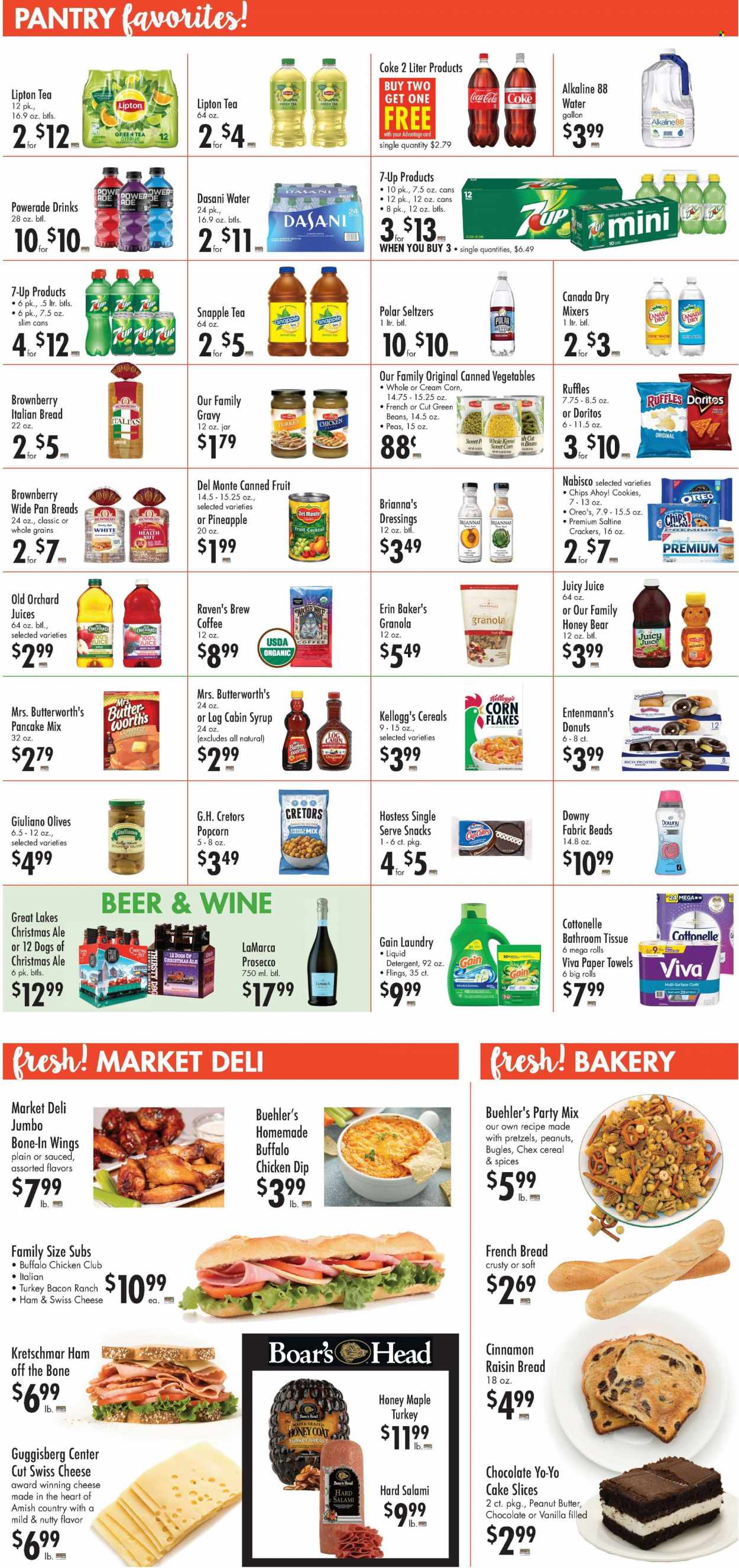 thumbnail - Buehler's Flyer - 11/25/2022 - 12/06/2022 - Sales products - bread, pretzels, french bread, donut, Entenmann's, pancakes, bacon, salami, turkey bacon, ham, swiss cheese, cheese, Oreo, milk, cookies, chocolate, snack, crackers, Kellogg's, Chips Ahoy!, Doritos, chips, popcorn, Ruffles, olives, canned vegetables, canned fruit, Del Monte, cereals, granola, corn flakes, peanut butter, syrup, peanuts, Canada Dry, Coca-Cola, Powerade, juice, Lipton, tonic, 7UP, Snapple, Club Soda, seltzer water, purified water, green tea, tea, coffee, prosecco, wine, beer, bath tissue, Cottonelle, kitchen towels, paper towels, detergent, Gain, liquid detergent, Downy Laundry, pan, vitamin c. Page 2.