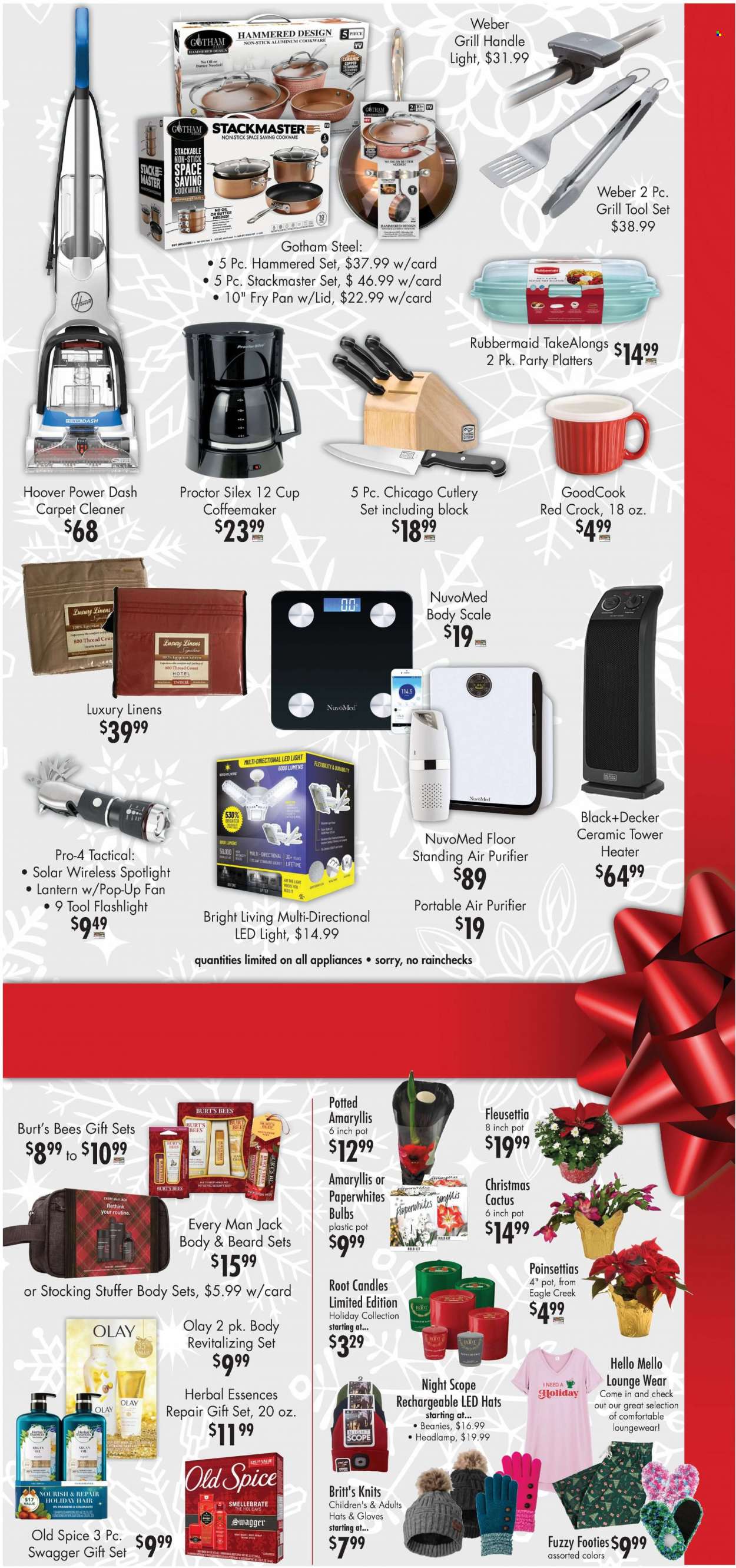 thumbnail - Buehler's Flyer - 11/25/2022 - 12/06/2022 - Sales products - periwinkle meat, butter, gift set, spice, chutney, cleaner, body wash, shampoo, Old Spice, Olay, conditioner, Herbal Essences, anti-perspirant, deodorant, cookware set, lid, pot, pan, cutlery set, cup, scale, candle, bulb, spotlight, linens, lantern, Black & Decker, grill, Weber, poinsettia, cactus, argan oil. Page 3.