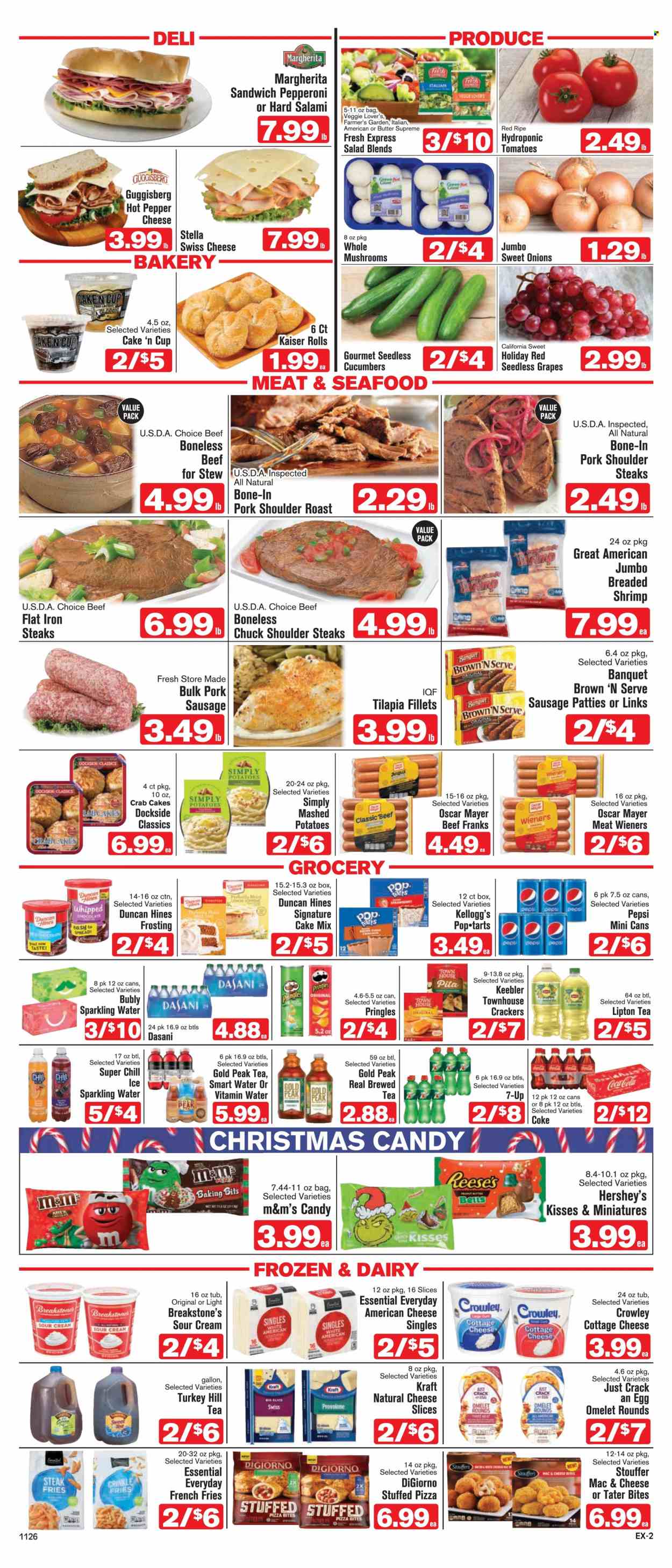 thumbnail - Shop ‘n Save Express Flyer - 11/26/2022 - 12/02/2022 - Sales products - pita, cake mix, salad, grapes, seedless grapes, steak, pork meat, pork roast, pork shoulder, tilapia, seafood, shrimps, crab cake, mashed potatoes, pizza, sandwich, Kraft®, salami, Oscar Mayer, sausage, pork sausage, pepperoni, Brown 'N Serve, american cheese, cottage cheese, sliced cheese, swiss cheese, Provolone, butter, sour cream, Reese's, Hershey's, potato fries, french fries, crinkle fries, chocolate, M&M's, crackers, Kellogg's, Pop-Tarts, Keebler, Pringles, frosting, rice, Coca-Cola, Pepsi, Lipton, 7UP, Gold Peak Tea, sparkling water, Smartwater, vitamin water, tea. Page 2.