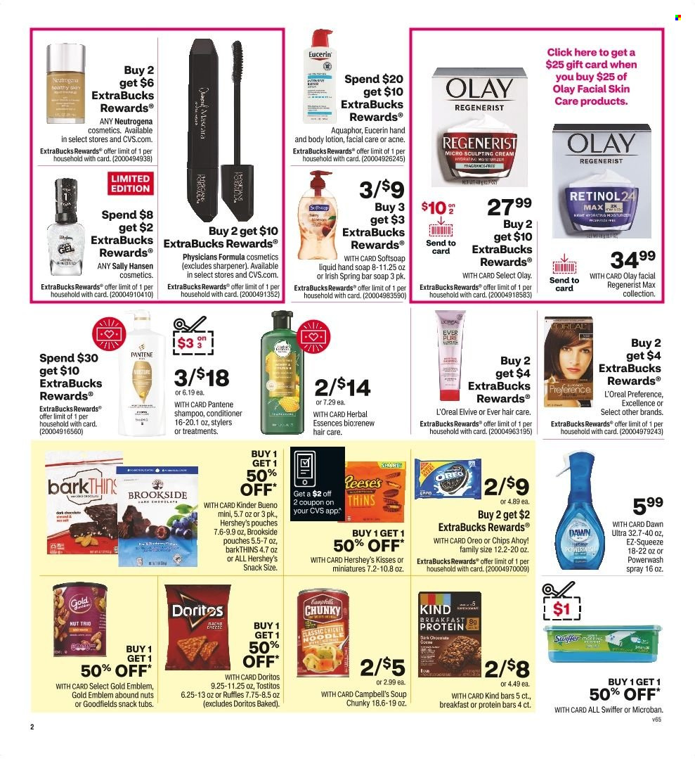 thumbnail - CVS Pharmacy Flyer - 11/27/2022 - 12/03/2022 - Sales products - Campbell's, soup, noodles, Reese's, Hershey's, chocolate, snack, Kinder Bueno, Chips Ahoy!, Doritos, chips, Thins, Ruffles, Tostitos, protein bar, Aquaphor, Swiffer, shampoo, Softsoap, hand soap, soap bar, soap, L’Oréal, Neutrogena, Olay, conditioner, Pantene, Herbal Essences, body lotion, Eucerin, sharpener, Select Gold, mascara. Page 2.