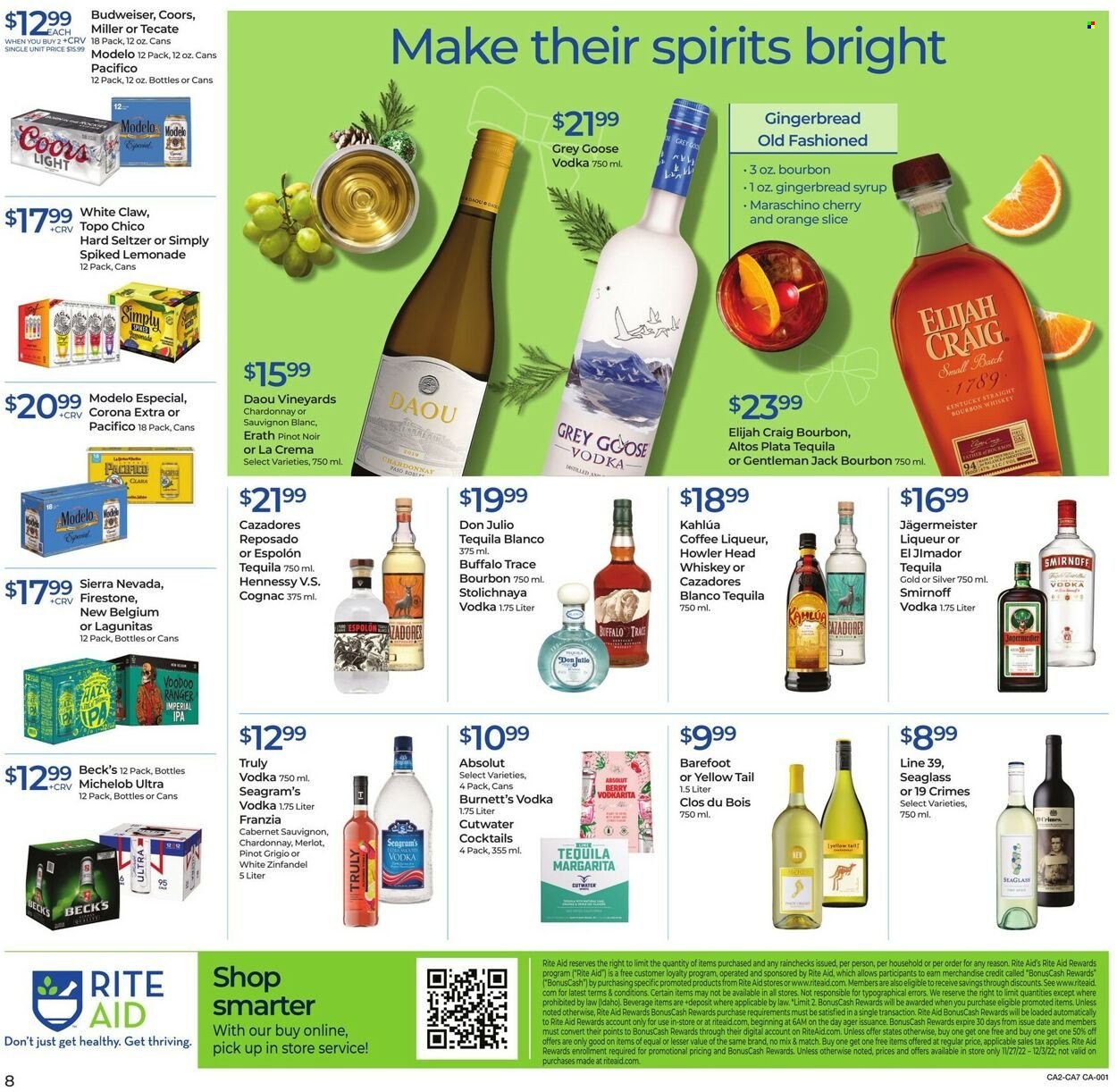 thumbnail - RITE AID Flyer - 11/27/2022 - 12/03/2022 - Sales products - gingerbread, Maraschino cherries, syrup, lemonade, coffee, Kahlúa, Cabernet Sauvignon, red wine, white wine, Chardonnay, wine, Merlot, Pinot Noir, Pinot Grigio, Sauvignon Blanc, bourbon, cognac, liqueur, Smirnoff, tequila, vodka, whiskey, Hennessy, Absolut, Jägermeister, Hard Seltzer, TRULY, whisky, beer, Miller, Beck's, IPA, Modelo, Budweiser, Coors. Page 2.