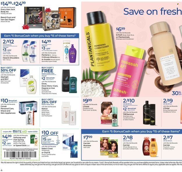 thumbnail - RITE AID Flyer - 11/27/2022 - 12/03/2022 - Sales products - Dove, gift set, body wash, shampoo, Softsoap, soap bar, soap, Oral-B, Crest, Garnier, L’Oréal, Daylogic, Aussie, conditioner, TRESemmé, Head & Shoulders, Pantene, hair color, body lotion, anti-perspirant, Speed Stick, deodorant, Axe. Page 8.